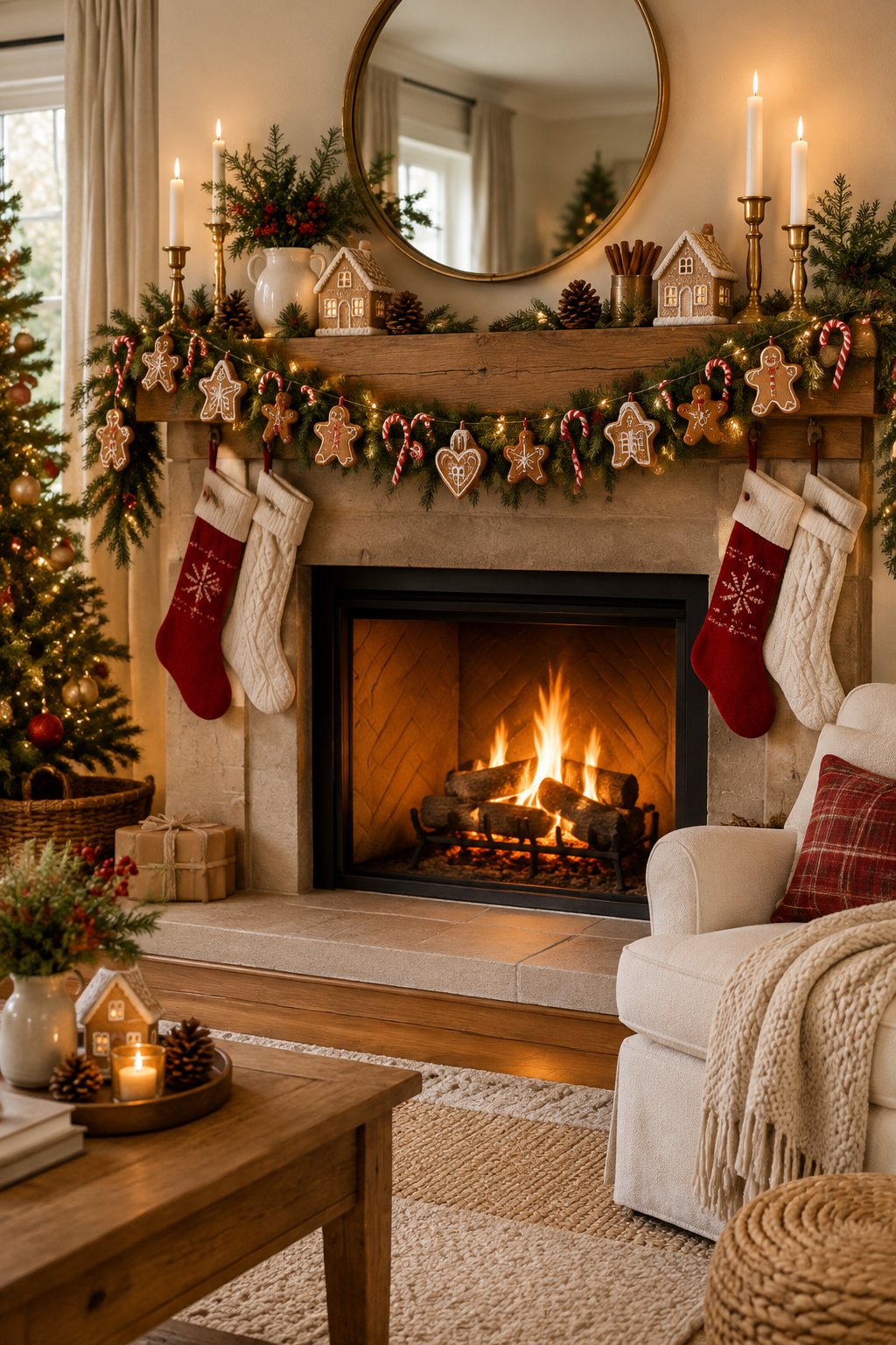 A cozy Christmas living room with a candy cane and gingerbread garland decorating the fireplace mantel.