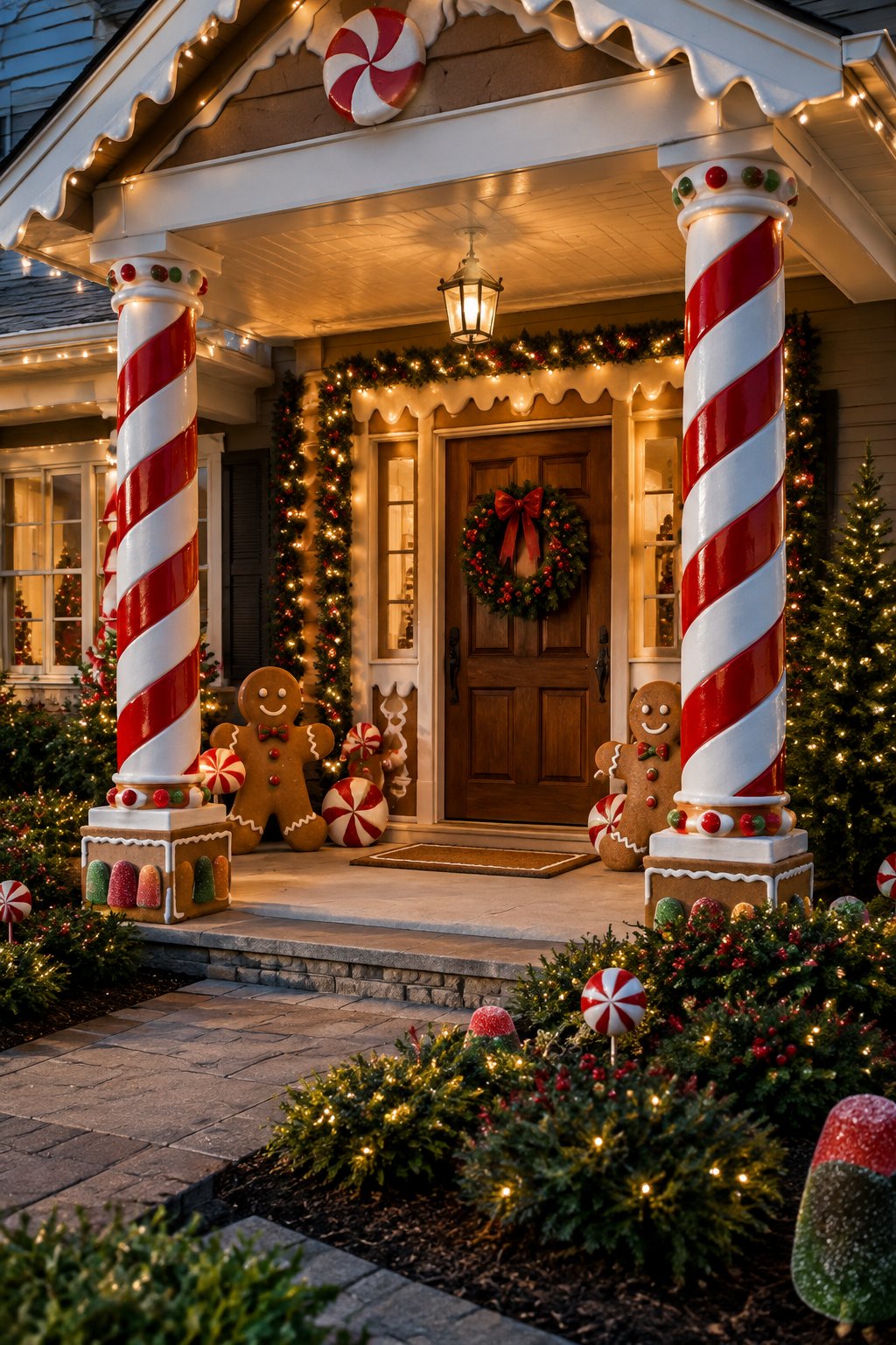 A home entrance decorated with oversized candy cane porch posts and gingerbread-themed Christmas decorations.
