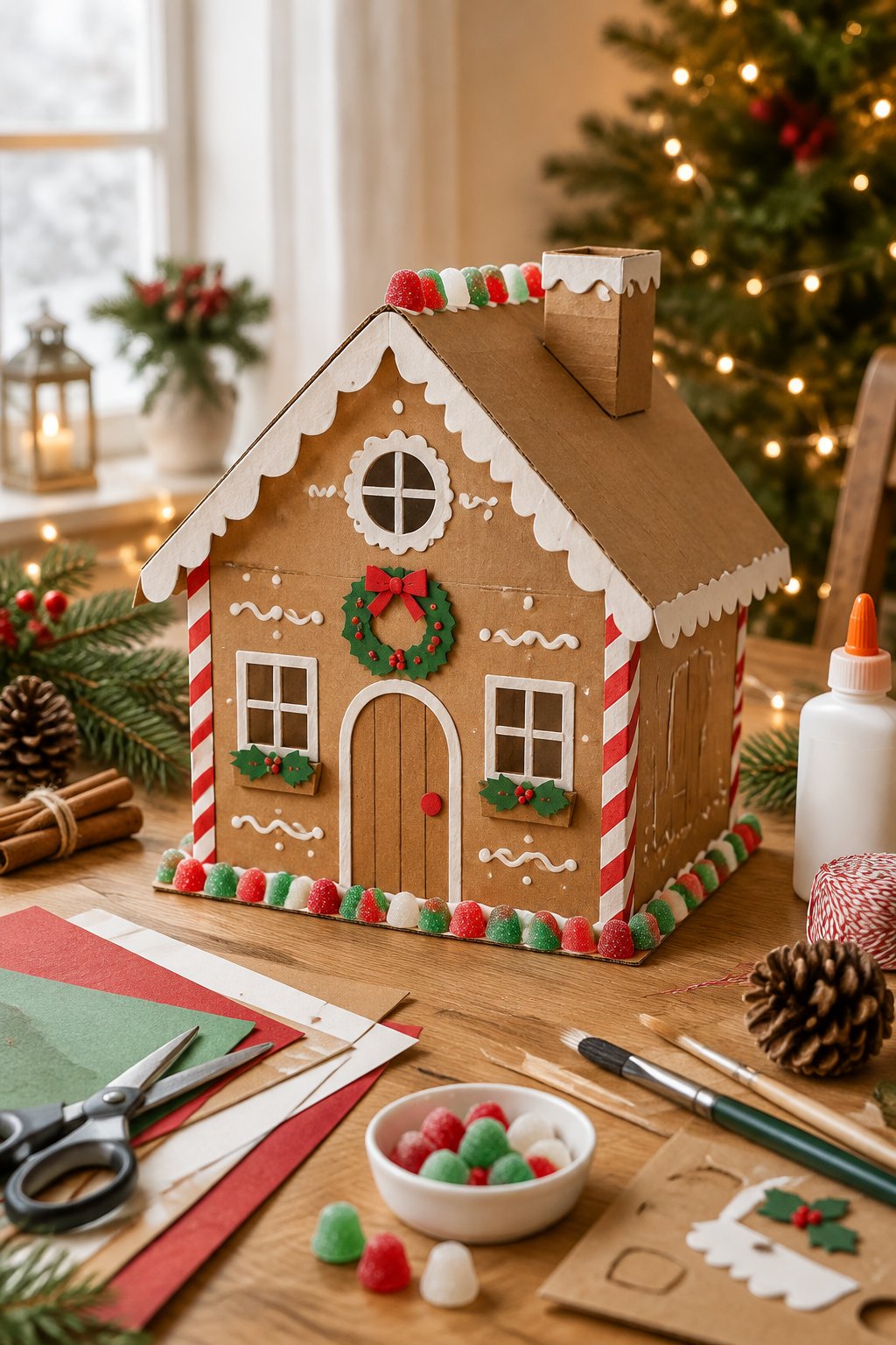 A handmade cardboard gingerbread house decorated with festive details on a holiday craft table.