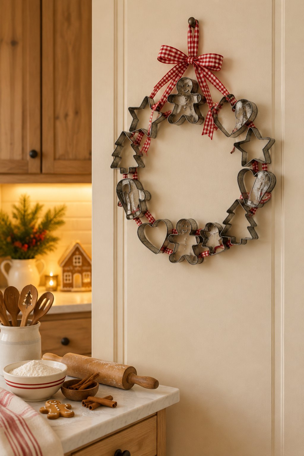 A wreath made from gingerbread cookie cutters hangs in a warmly decorated kitchen.