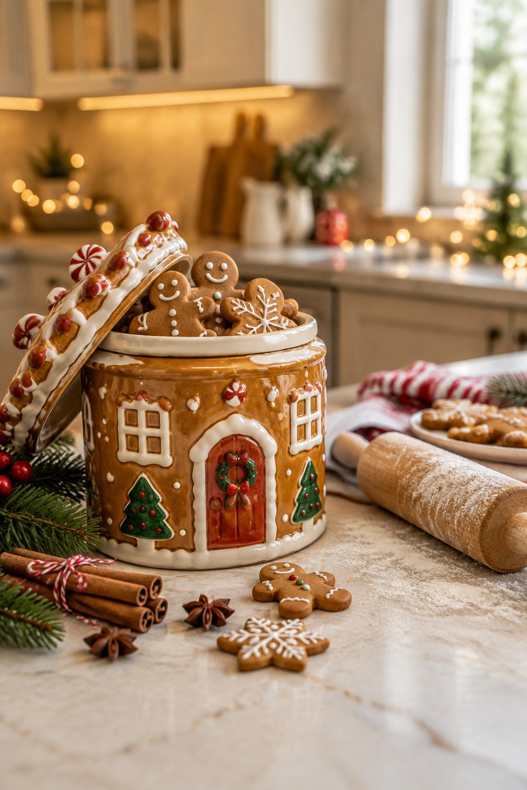 A gingerbread house cookie jar, rolling pin, cookies, and holiday greenery arranged on a kitchen counter.