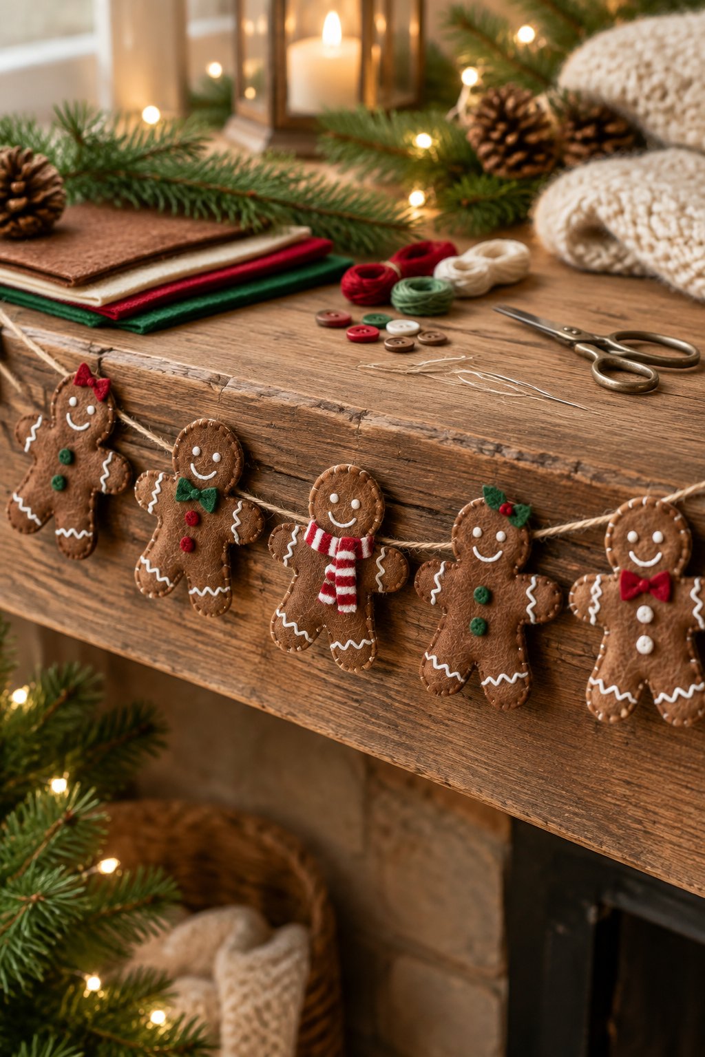 A handmade felt gingerbread garland displayed with Christmas craft supplies and greenery.