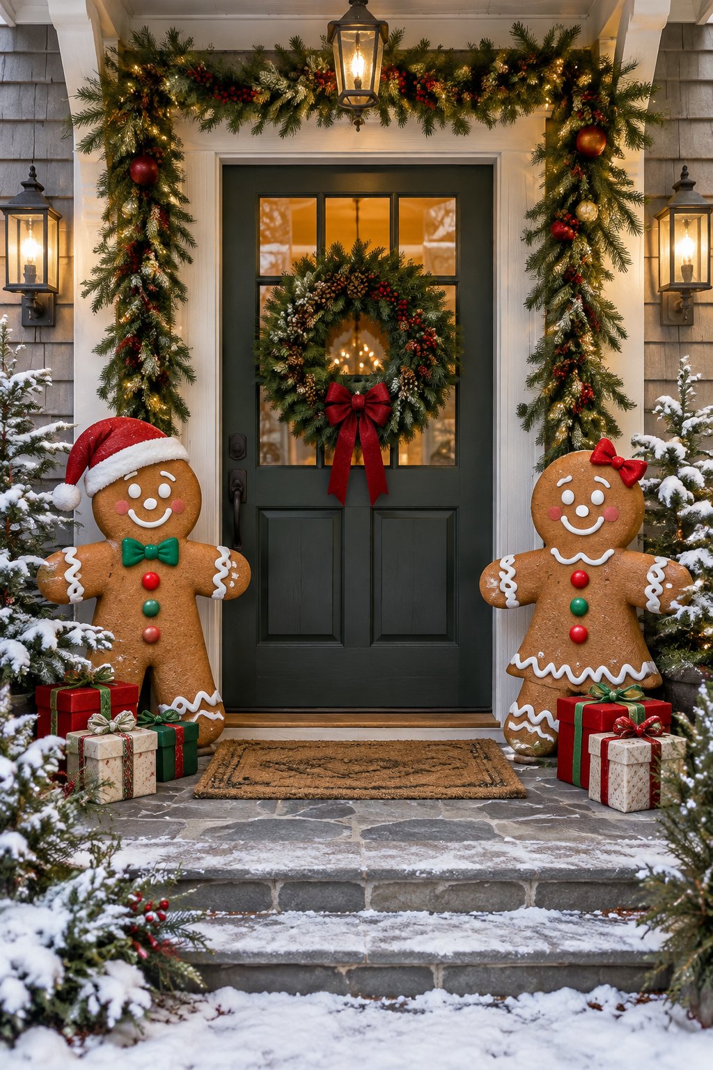 Two oversized gingerbread figures decorate a festive front doorway with greenery, lights, presents, and light snow.