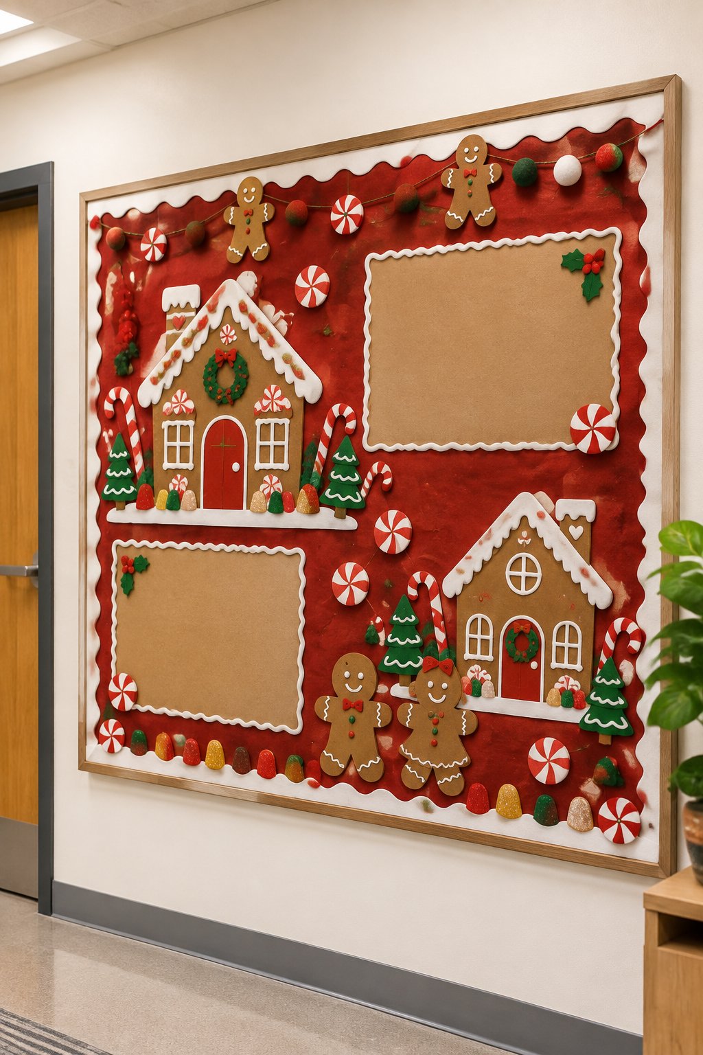 A festive bulletin board decorated with gingerbread figures, candy, and Christmas ornaments.