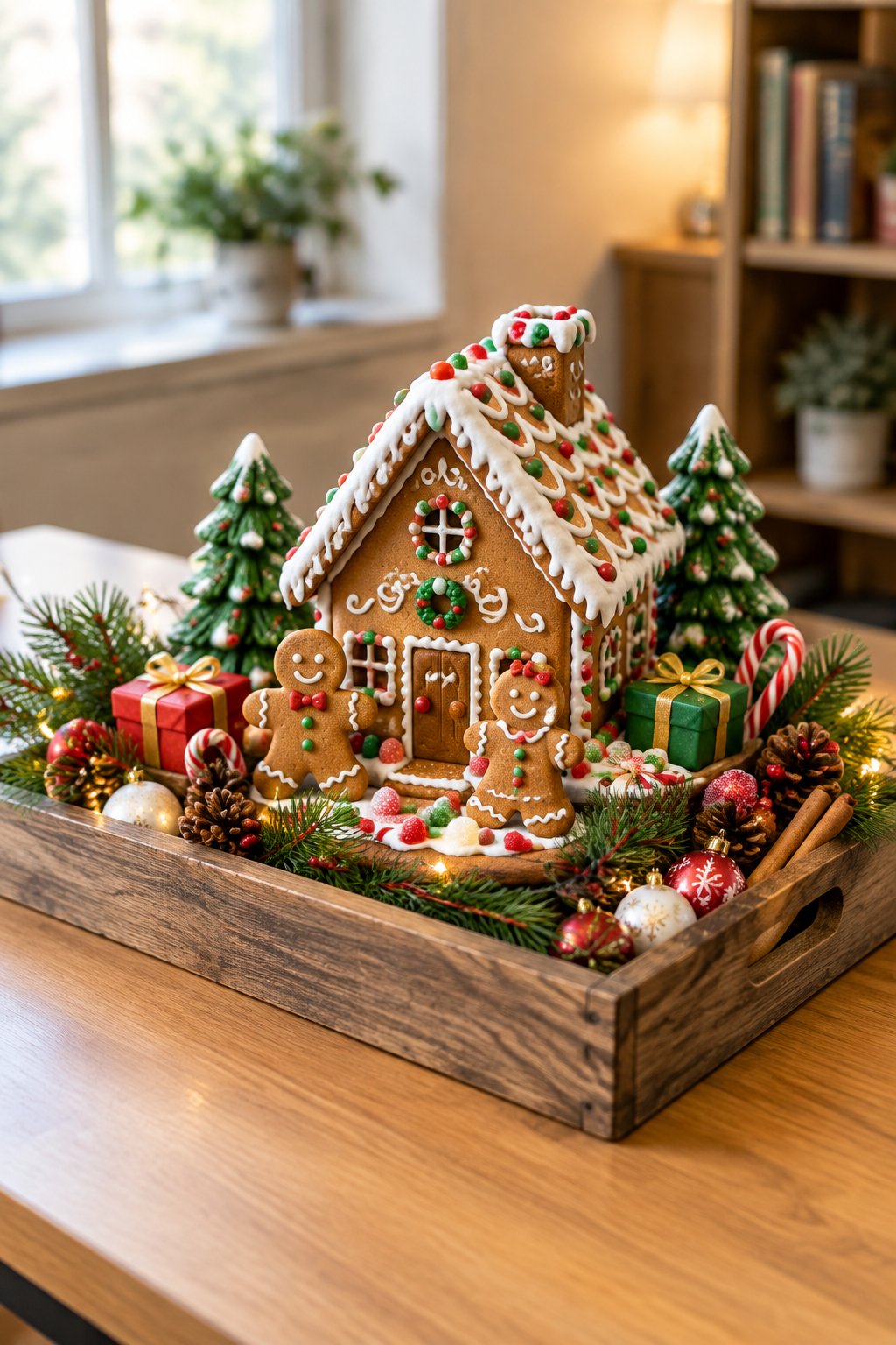 A festive gingerbread display arranged on a desk with cookies, greenery, candy, lights, and small presents.