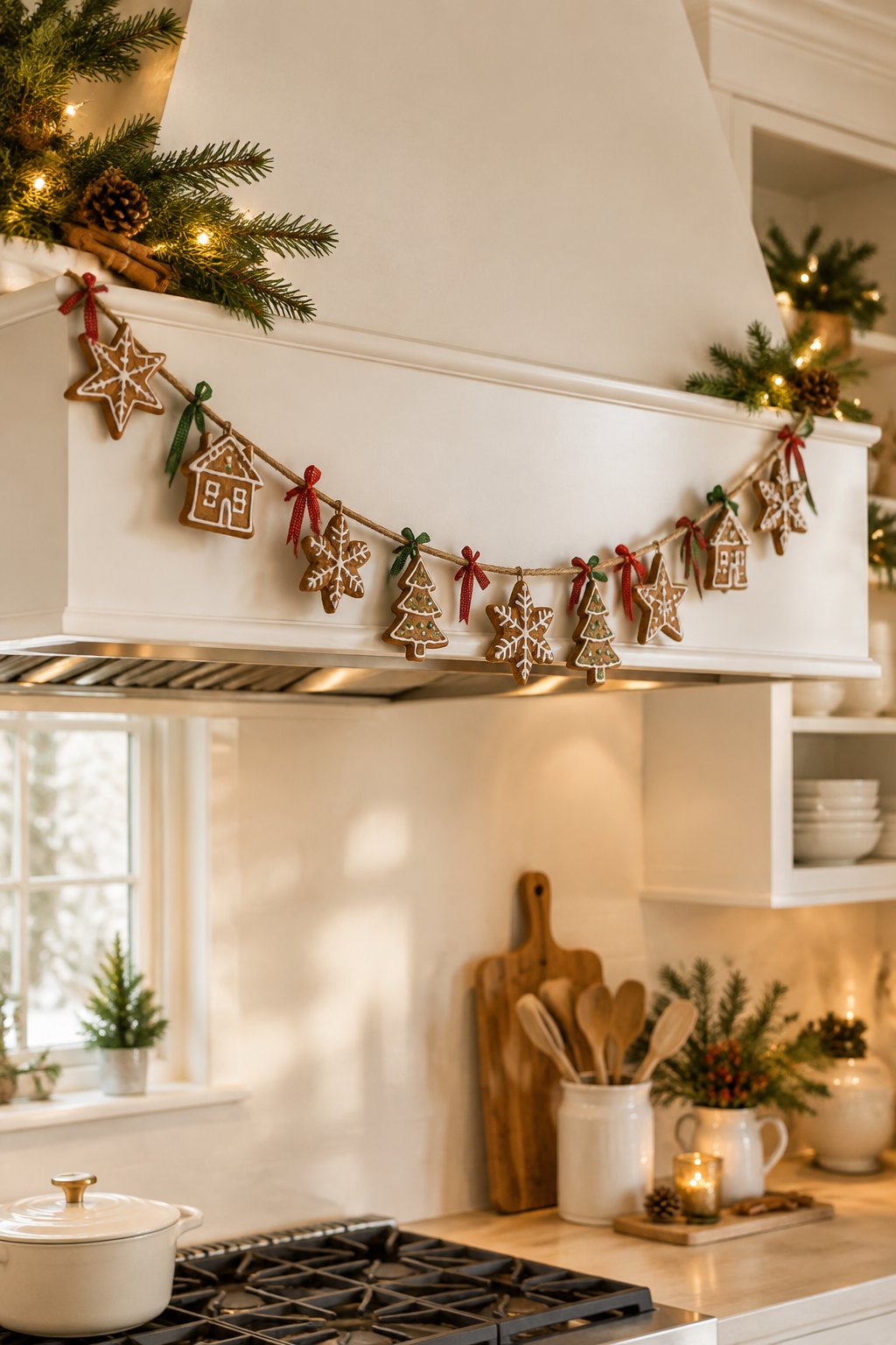 A festive kitchen with a gingerbread garland decorating the range hood.