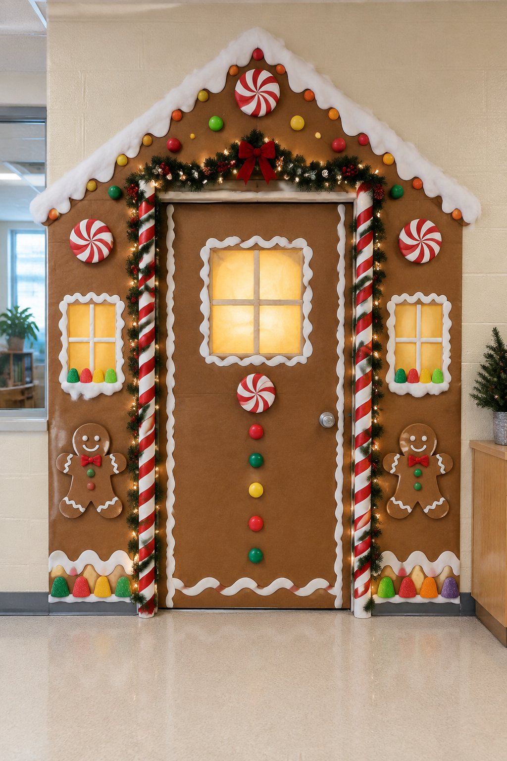 A doorway decorated to look like a colorful gingerbread house with candy accents and white icing trim.