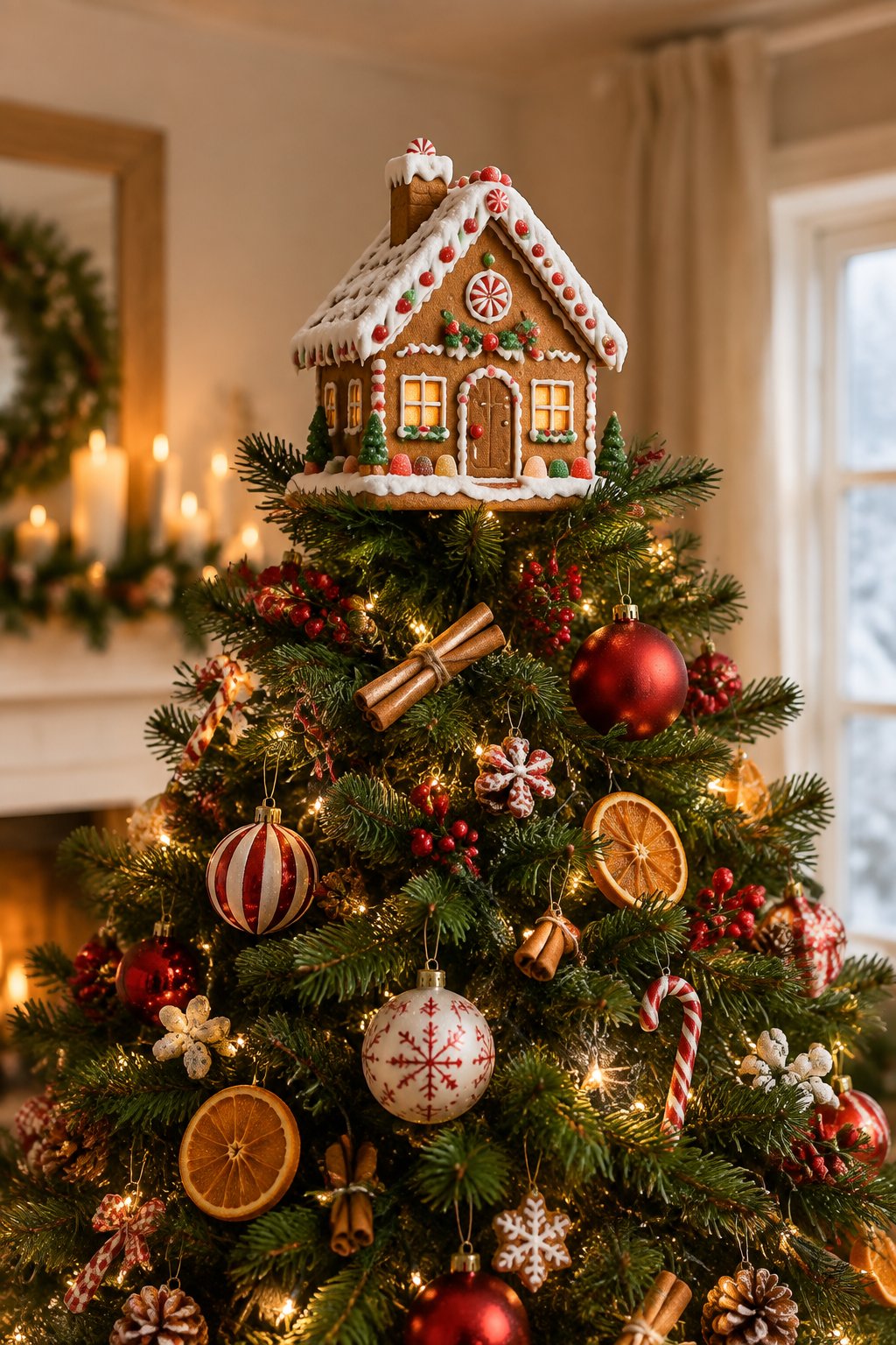 A gingerbread house sits atop a decorated Christmas tree surrounded by evergreen branches and warm lights.