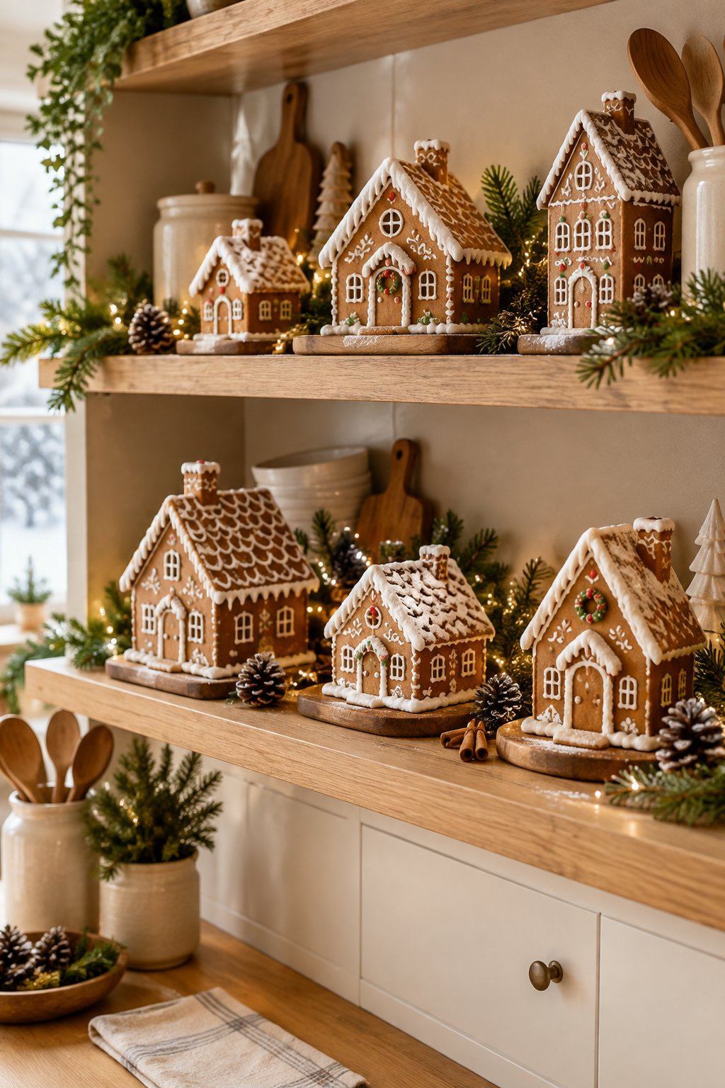 Decorated gingerbread houses displayed on open kitchen shelves with evergreen branches and warm holiday accents.