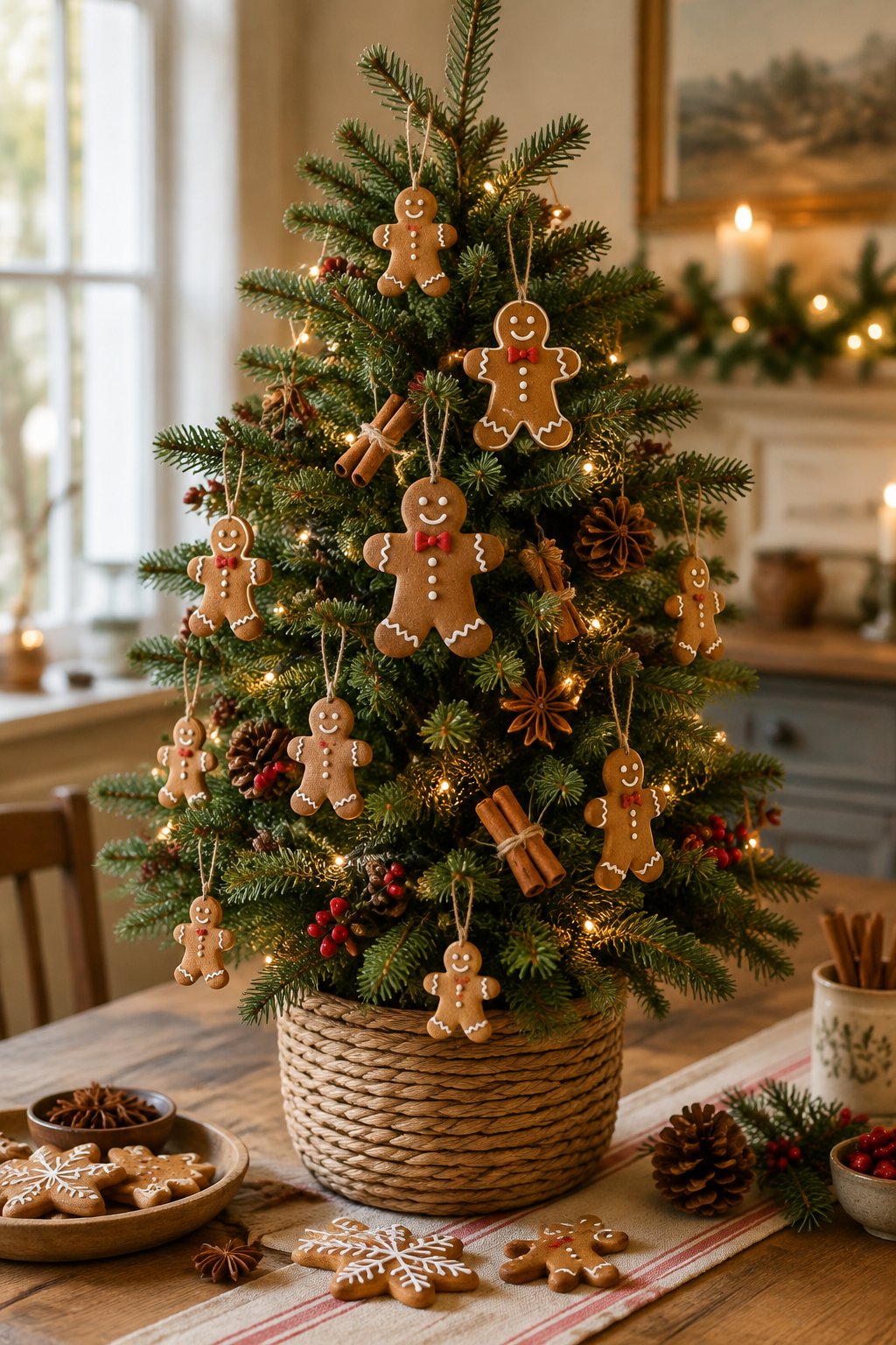 A small evergreen Christmas tree decorated with gingerbread man ornaments and warm lights.