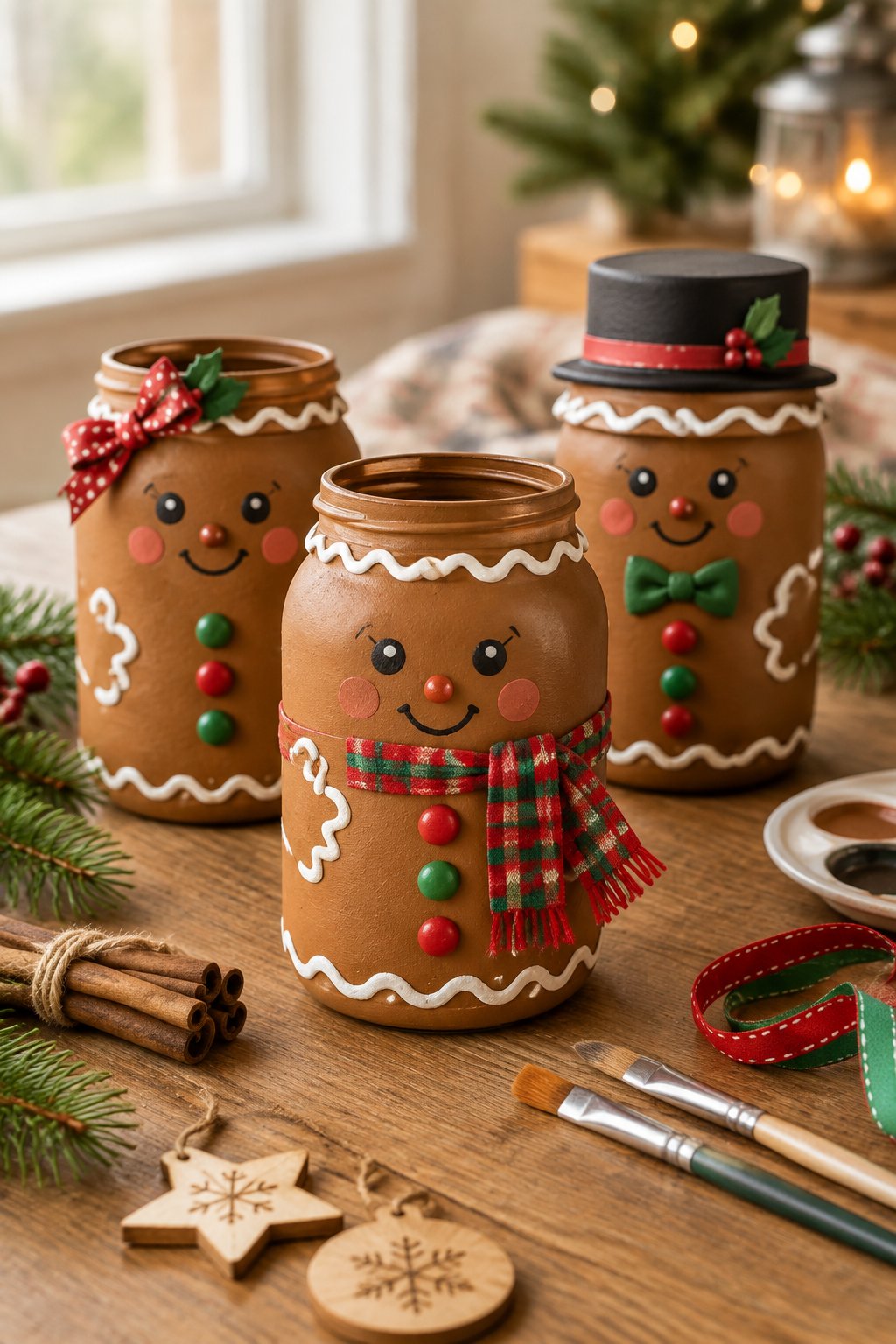 Decorated mason jars styled as gingerbread characters sit on a rustic table with holiday craft supplies.
