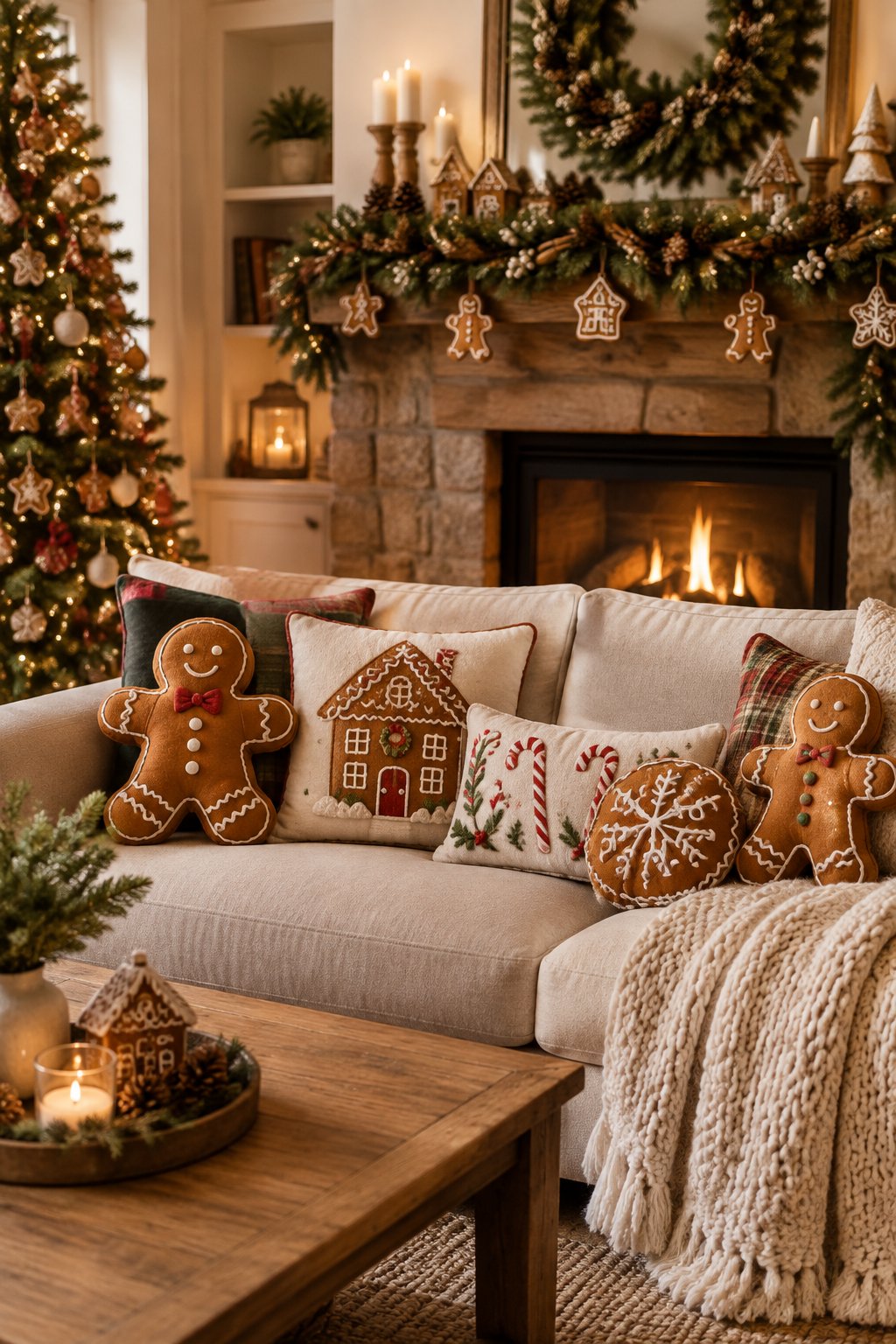 Cozy Christmas living room with gingerbread-themed pillows on a sofa and a decorated holiday mantel.
