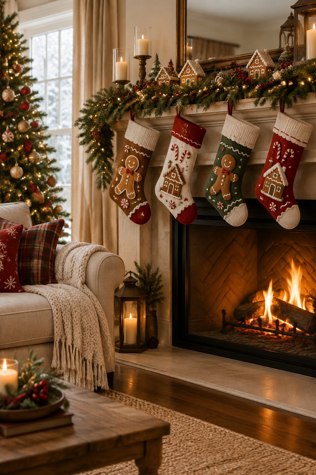 A cozy Christmas living room with gingerbread-themed stockings hanging from a decorated fireplace mantel.