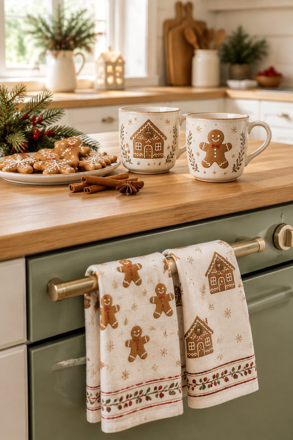 Gingerbread-themed tea towels and mugs arranged in a cozy Christmas kitchen.