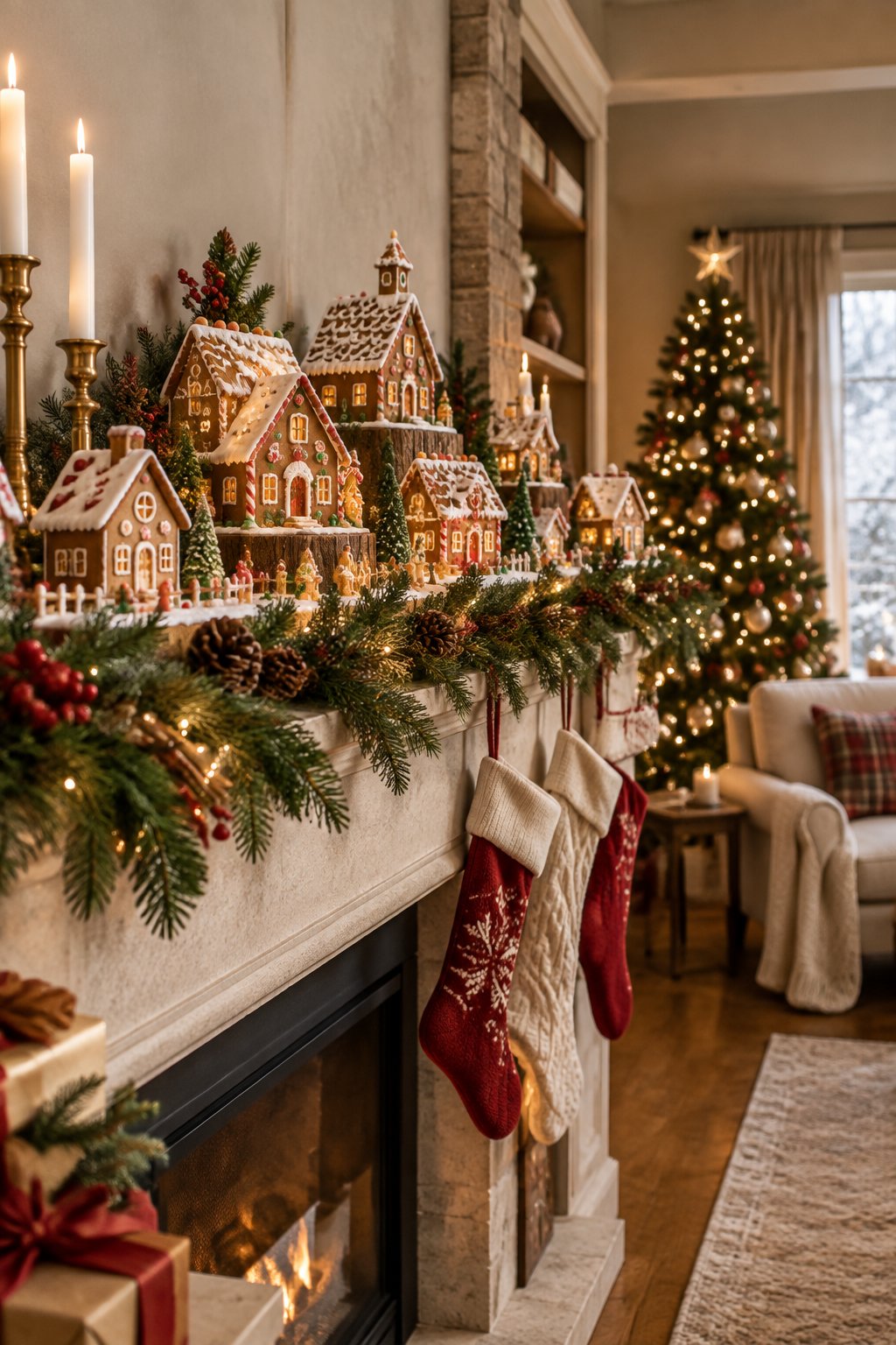 A gingerbread village decorated with greenery and lights sits on a Christmas mantel in a cozy living room.