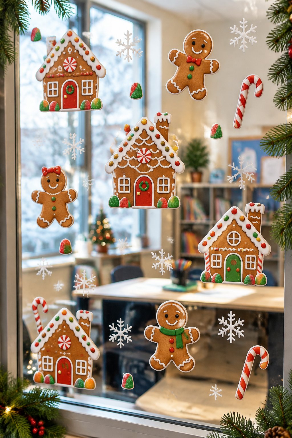 Gingerbread-themed window clings decorate a bright indoor window with festive holiday shapes and colors.