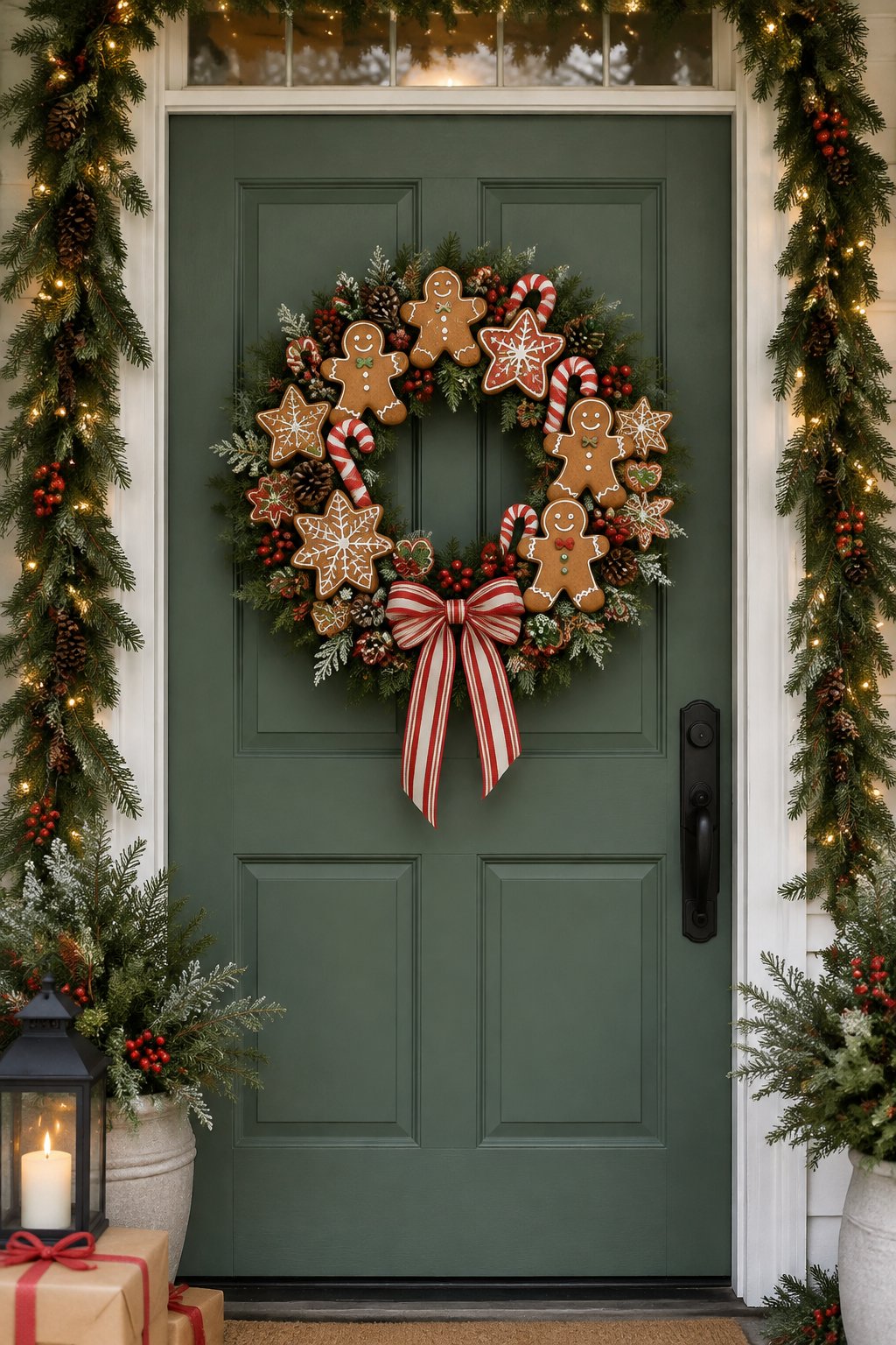 A gingerbread wreath decorated with evergreen branches hangs on a festive front door.