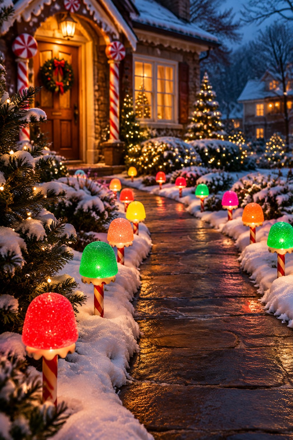 A snowy walkway lined with colorful glowing gumdrop lights leading to a warmly decorated home.