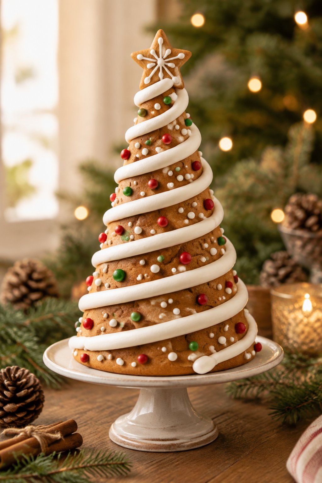 A gingerbread Christmas tree decorated with a white icing swirl and colorful candies on a festive table.