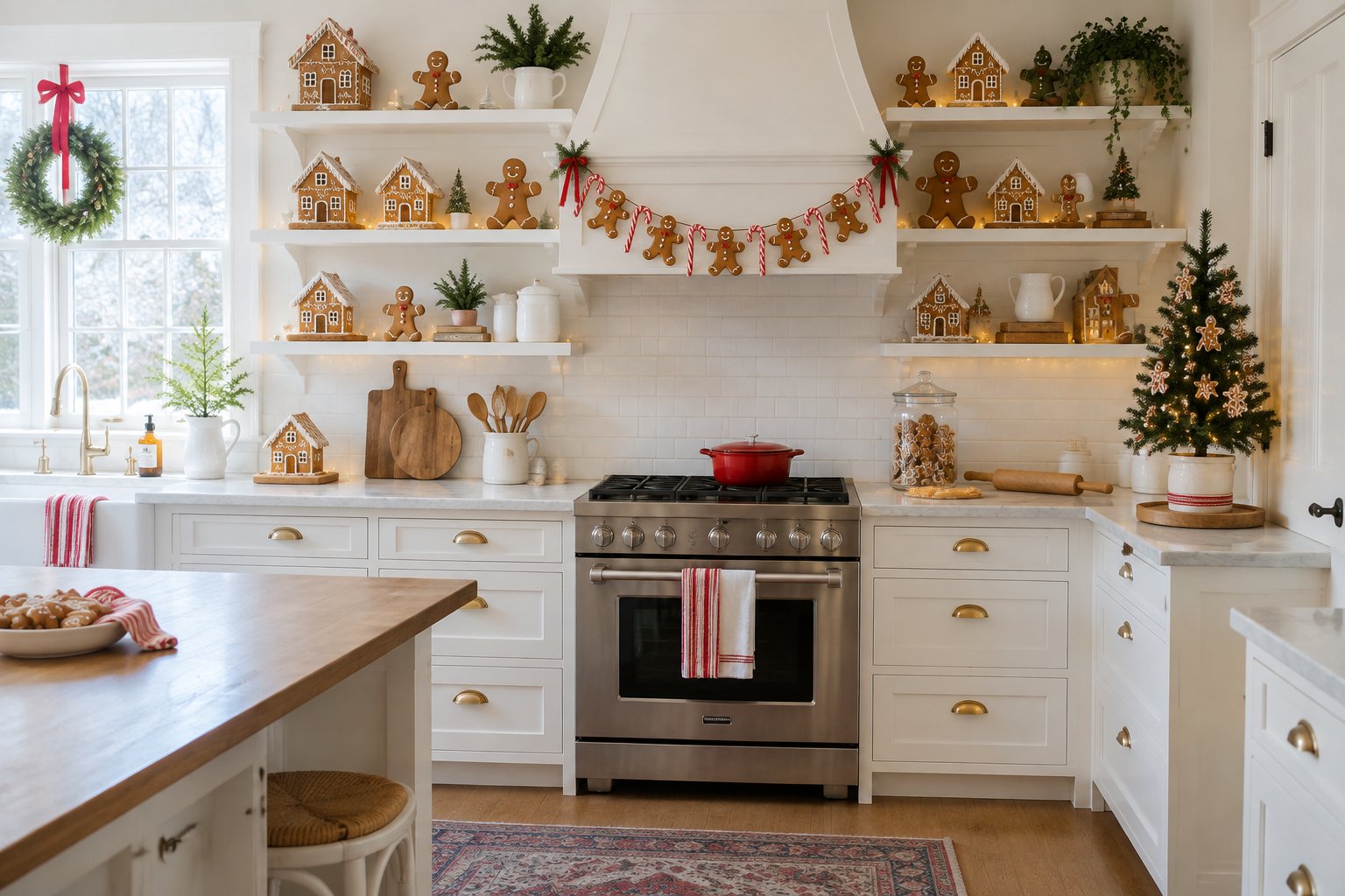 A white kitchen decorated with gingerbread houses and gingerbread men on the open shelves, a gingerbread garland across the range hood and a small tree on the counter.