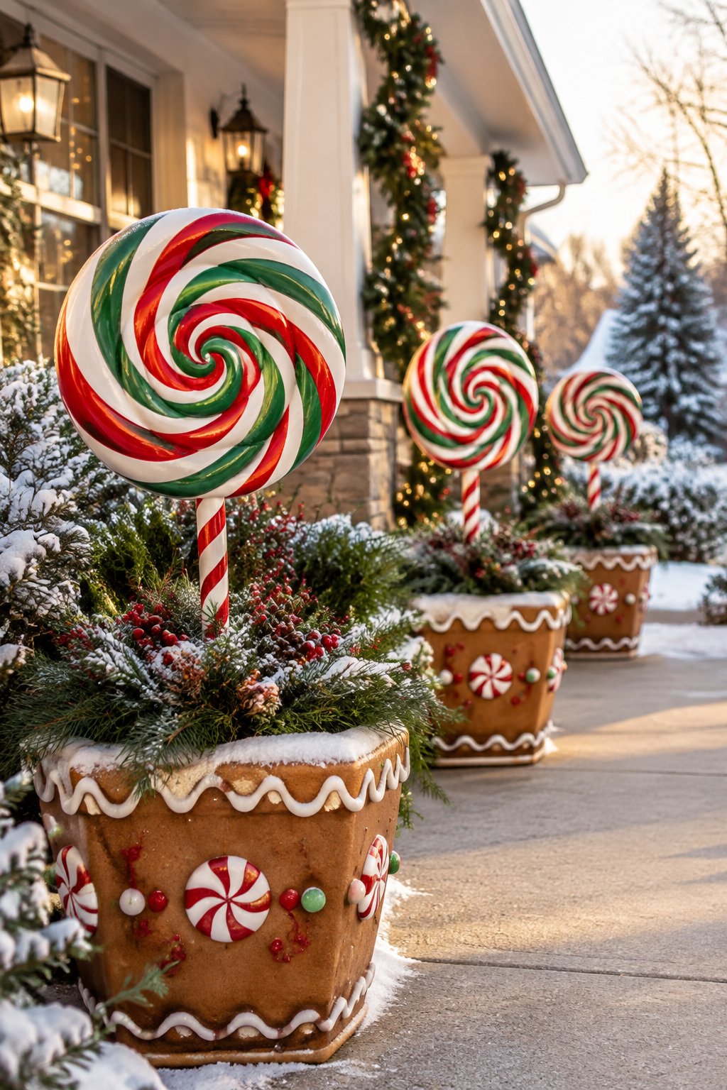 Gingerbread-themed lollipop planters decorate a snowy front porch walkway for Christmas.
