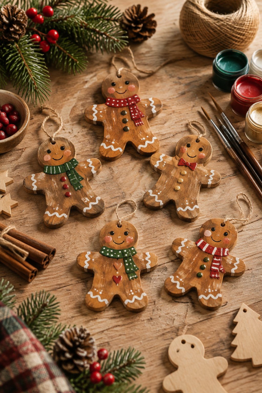 Painted wooden gingerbread ornaments arranged on a craft table with holiday decorations and supplies.