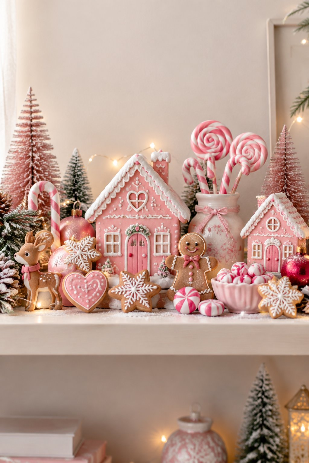 A pink and white Christmas shelf decorated with gingerbread cookies, peppermint candies, ornaments, small trees, and warm lights.