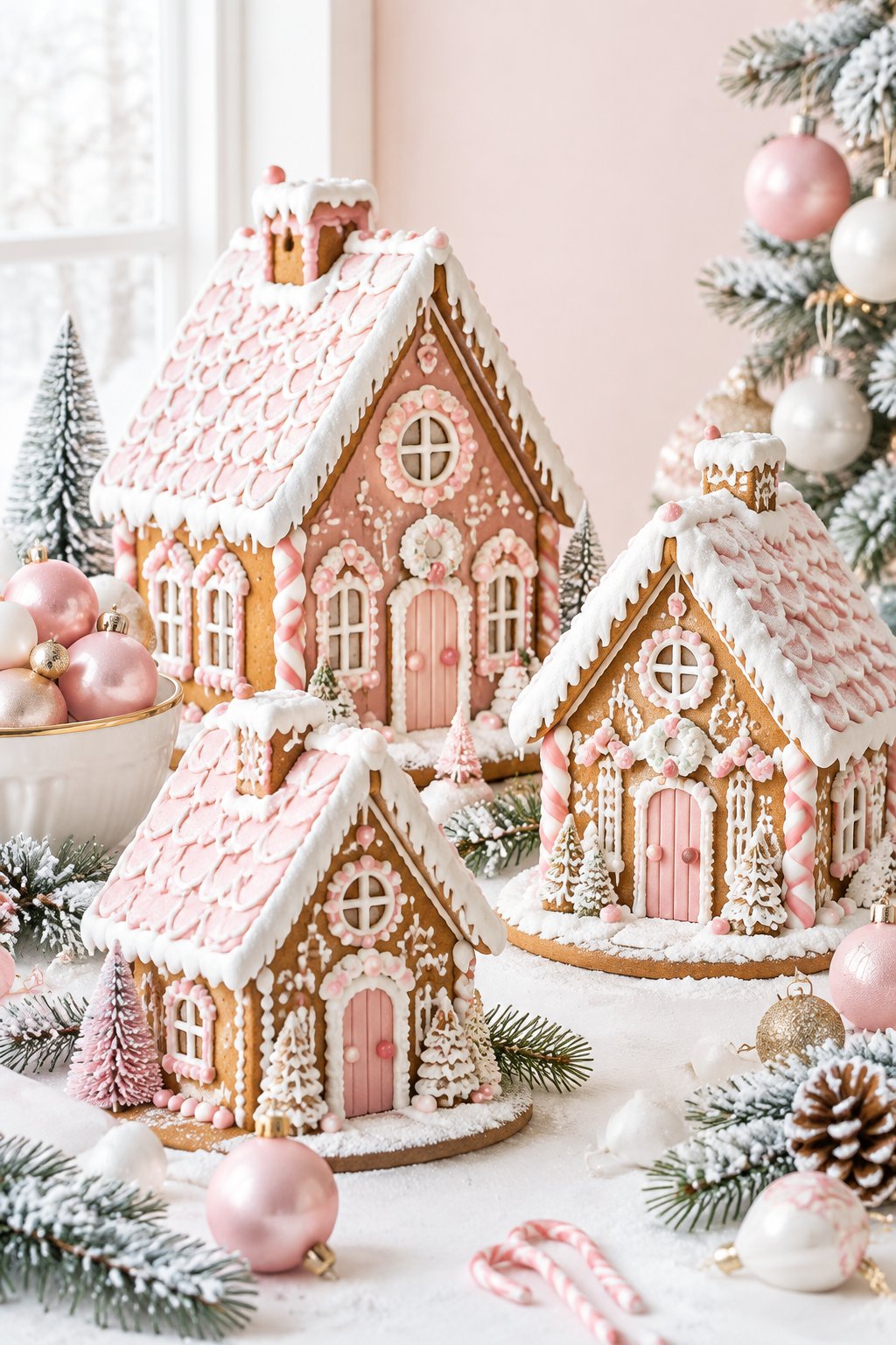 Pink and white gingerbread houses arranged with festive Christmas decorations on a tabletop.