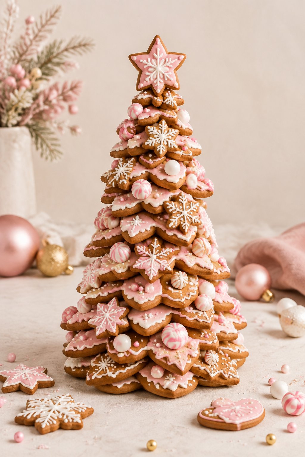 A pink-decorated gingerbread Christmas tree sits on a festive tabletop with cookies and holiday decorations.