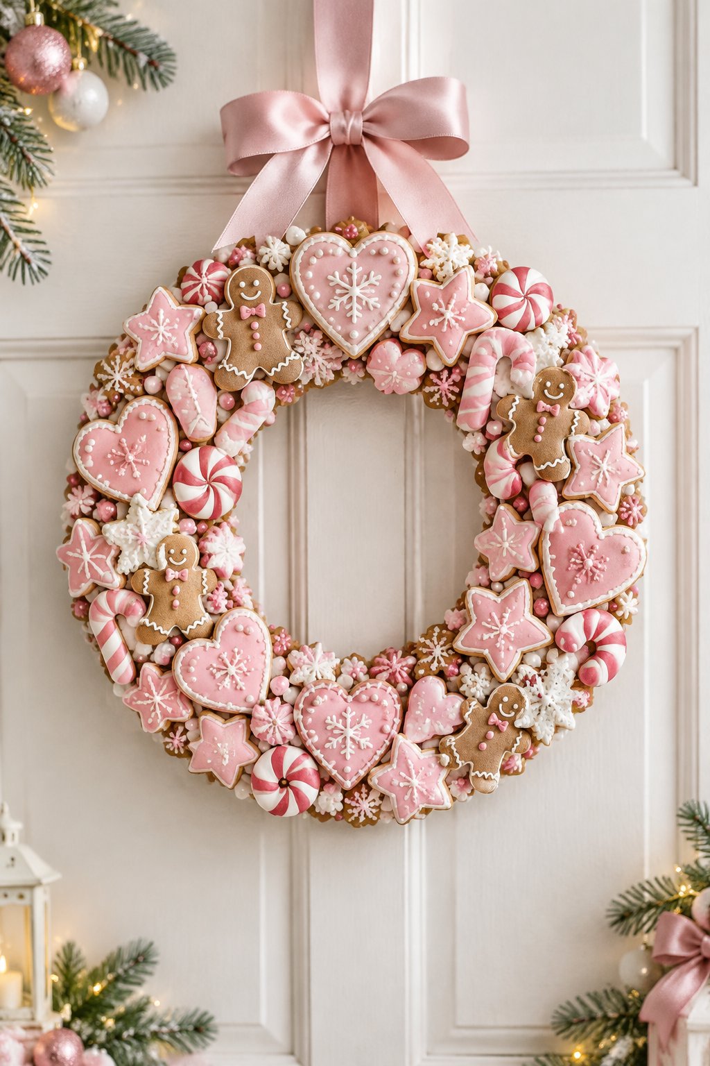 A pink gingerbread cookie wreath decorated with white icing and pastel Christmas accents.