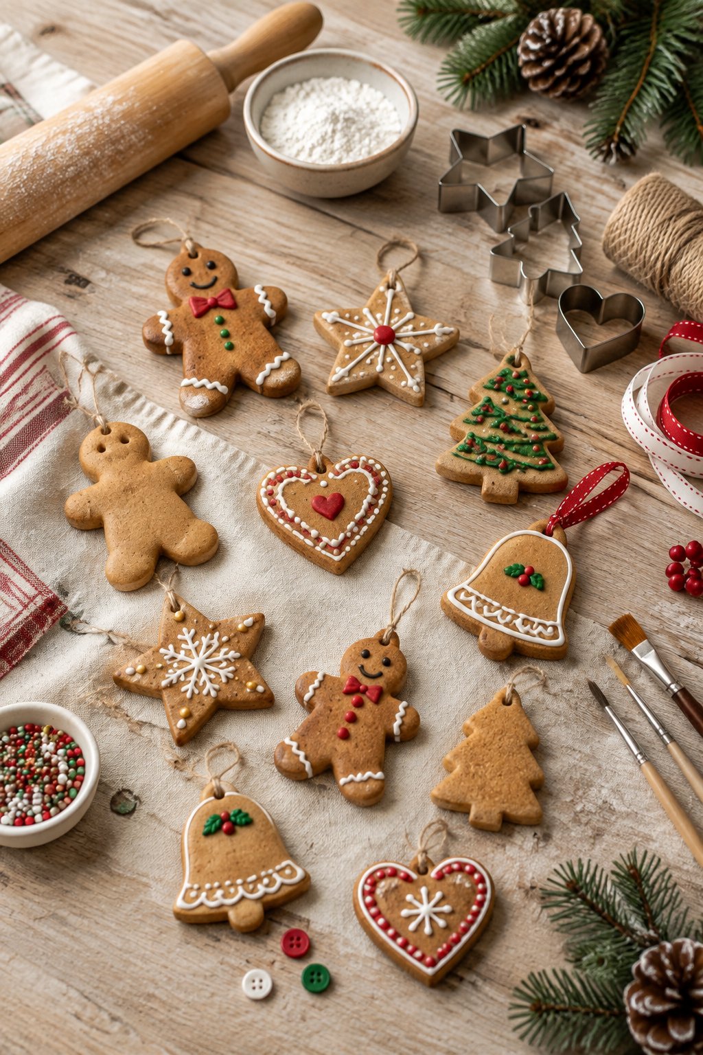 Handmade gingerbread-shaped salt dough ornaments and craft supplies arranged on a festive tabletop.