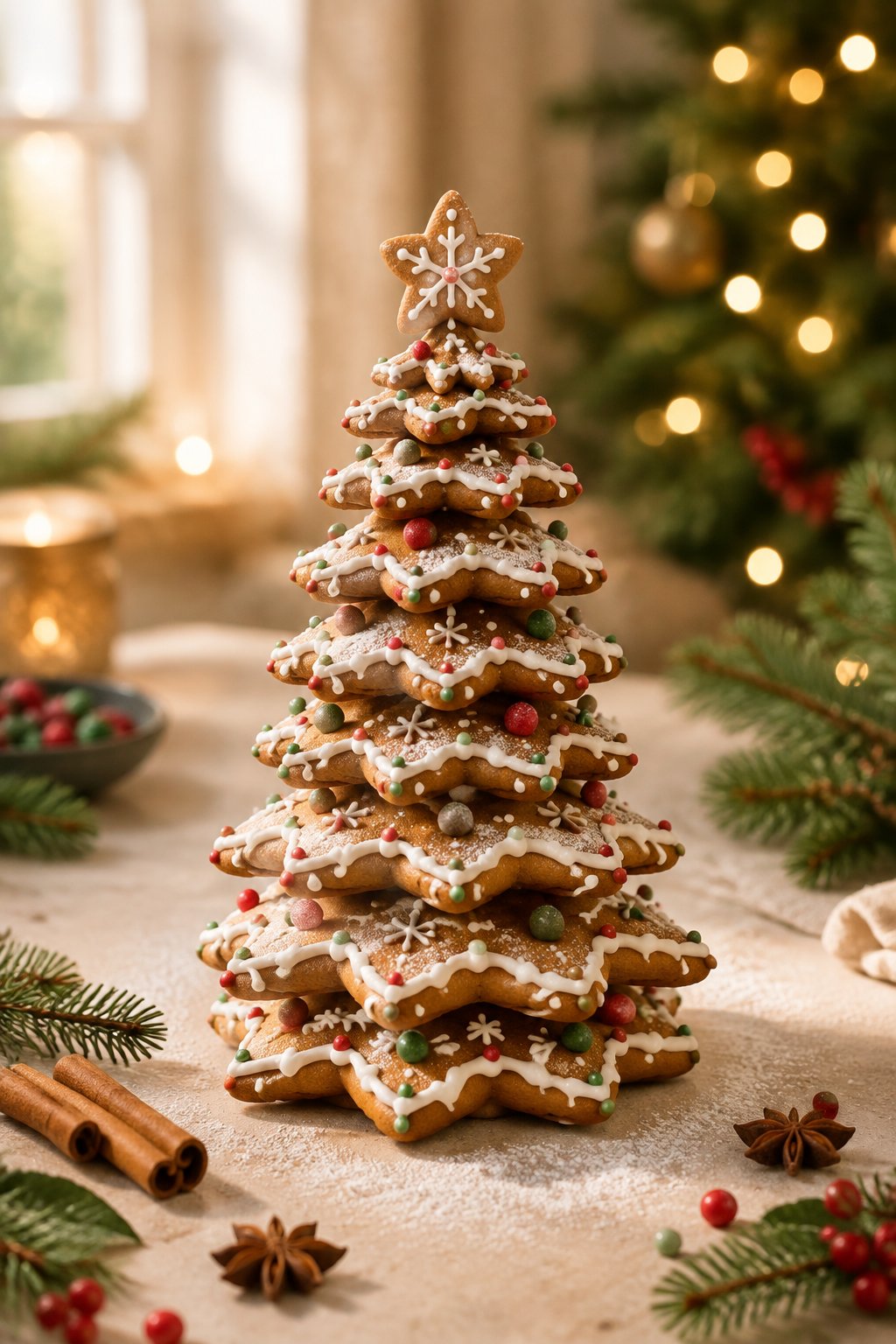 A decorated gingerbread Christmas tree displayed on a tabletop with warm holiday lights and seasonal greenery in the background.