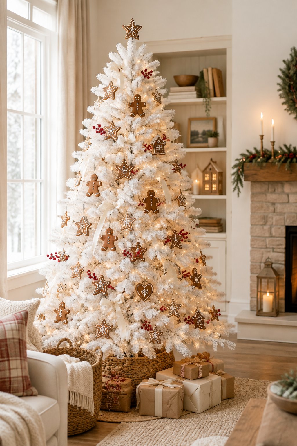A white Christmas tree decorated with gingerbread ornaments and warm lights in a cozy living room.