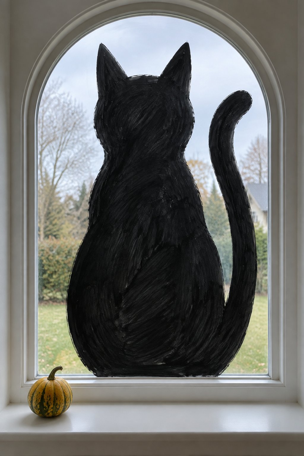 A large black cat silhouette with a curled tail painted on an arched window.