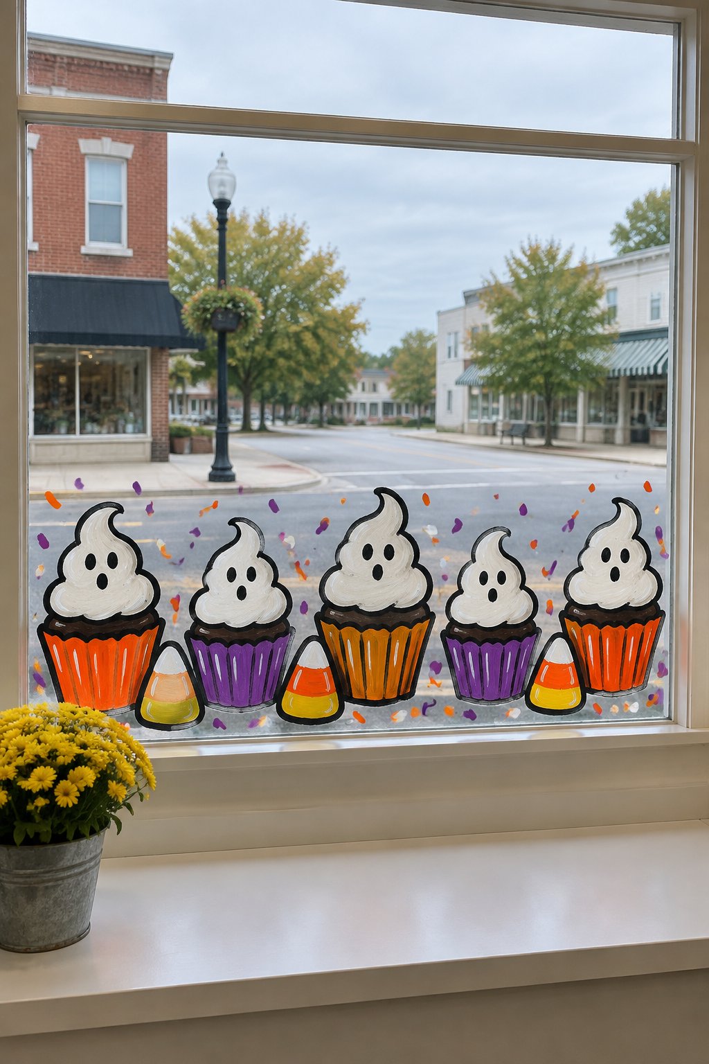 A row of ghost-topped cupcakes in orange and purple wrappers with candy corn and sprinkles painted along the bottom of a bakery window.