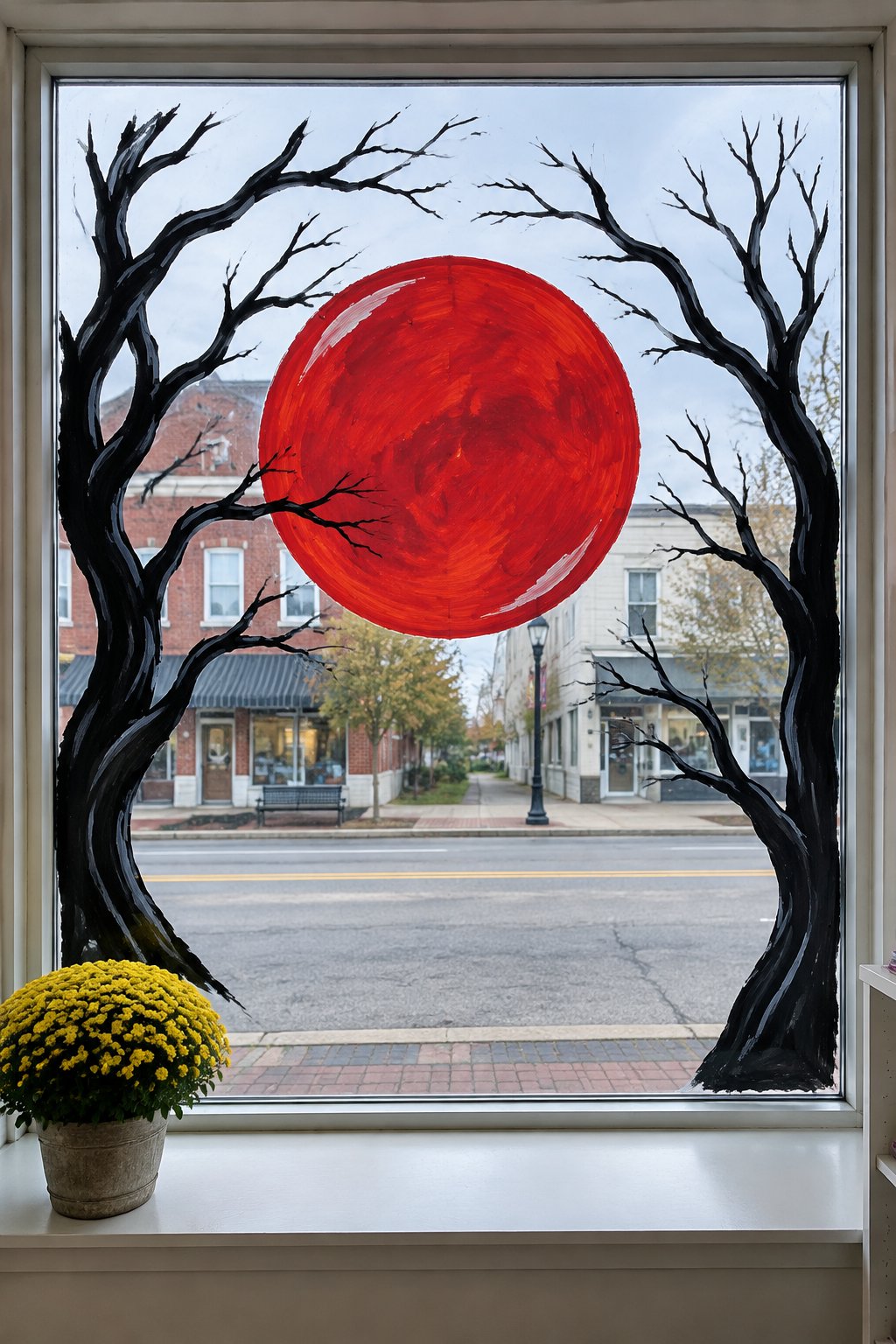 Two twisted black bare trees framing a big red full moon, painted on a storefront window.