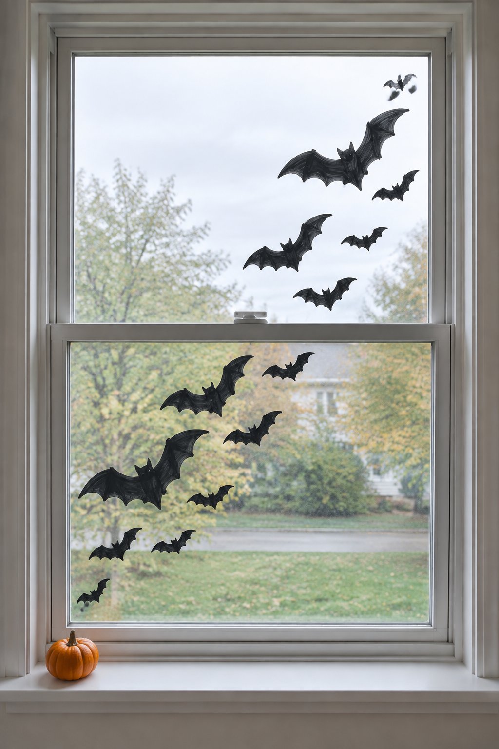 A swarm of black painted bats flying diagonally across a double-hung window, with a small pumpkin on the sill.