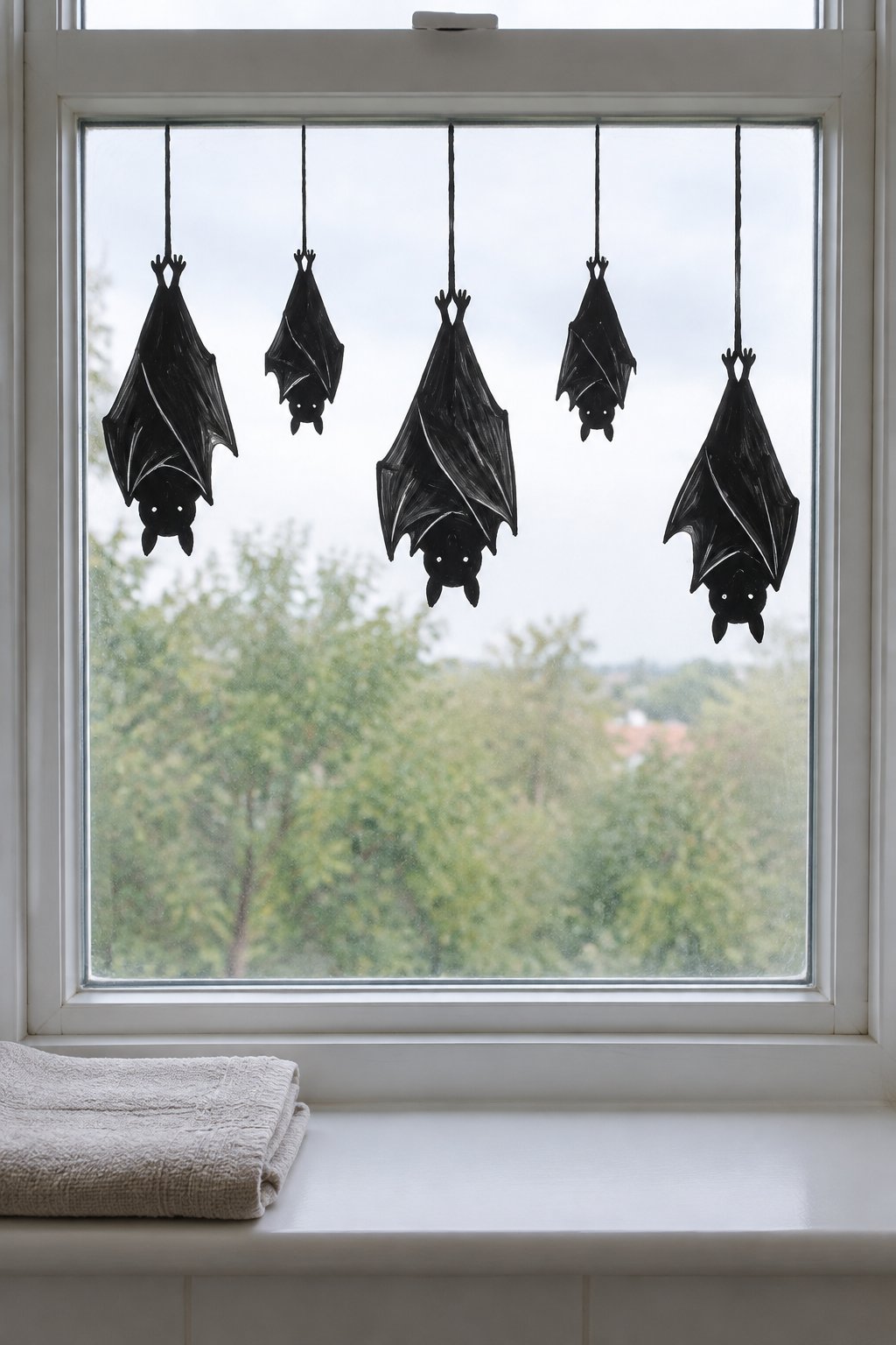 Black bats hanging upside down from painted strings along the top of a window.