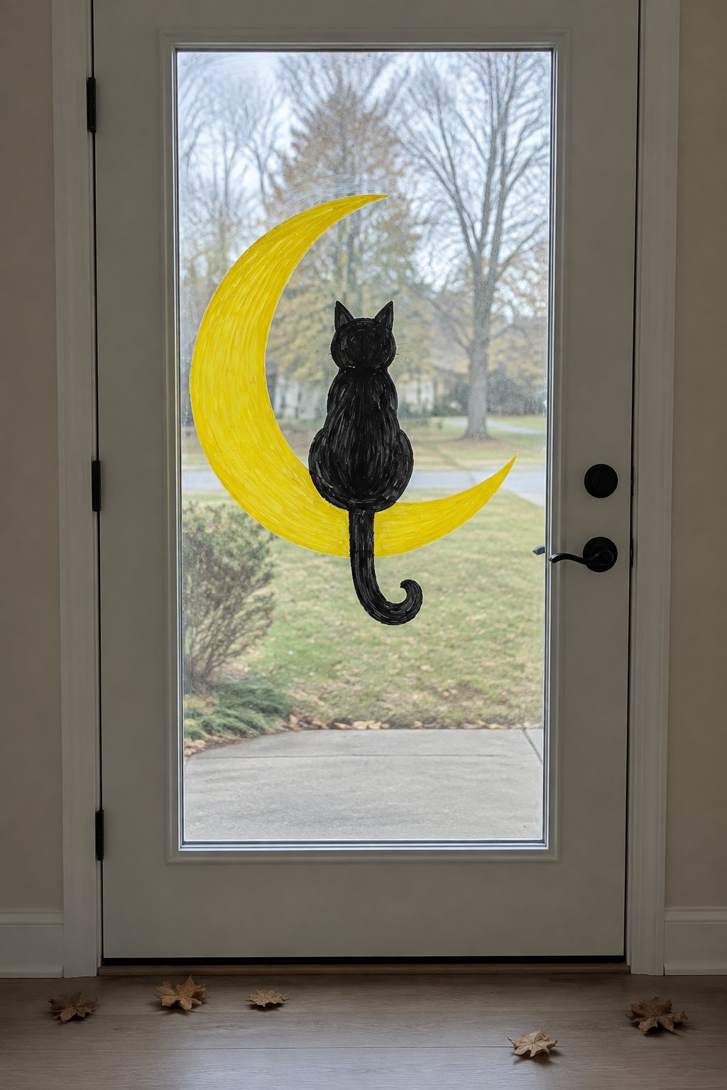 A black cat sitting on a yellow crescent moon, painted on the glass of a front door.