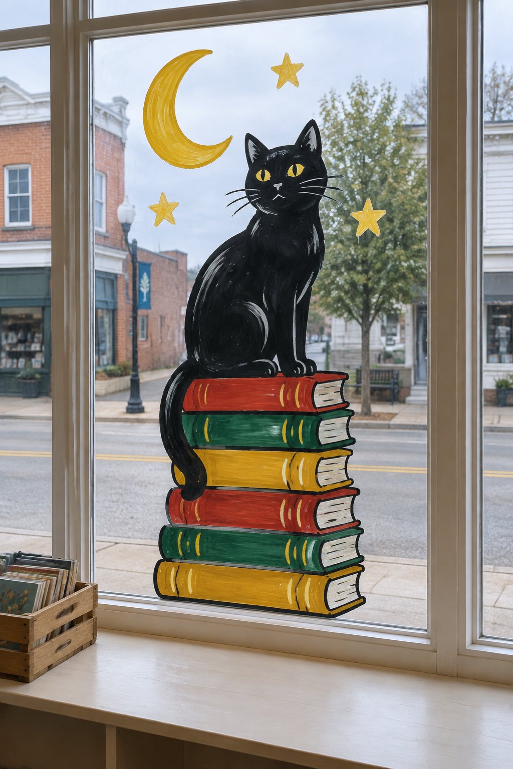 A black cat with yellow eyes sitting on a stack of red, green and gold books under a yellow crescent moon and stars, painted on a bookshop window.