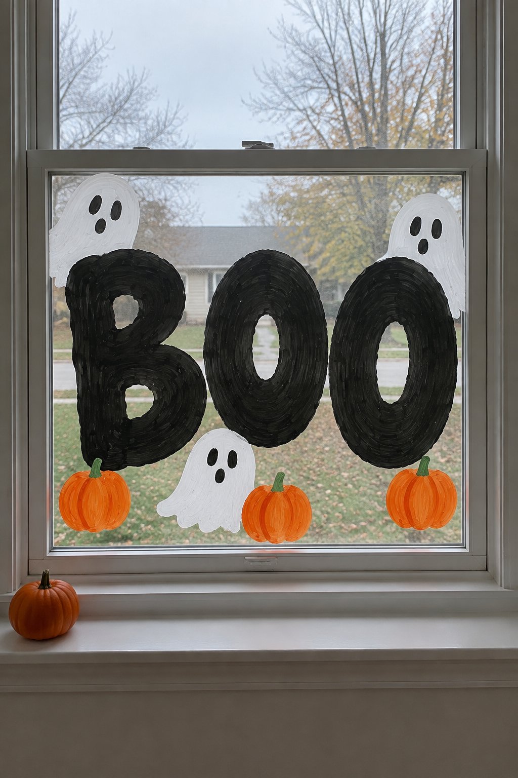The word BOO in big black bubble letters with little ghosts and pumpkins, painted on a double-hung window.
