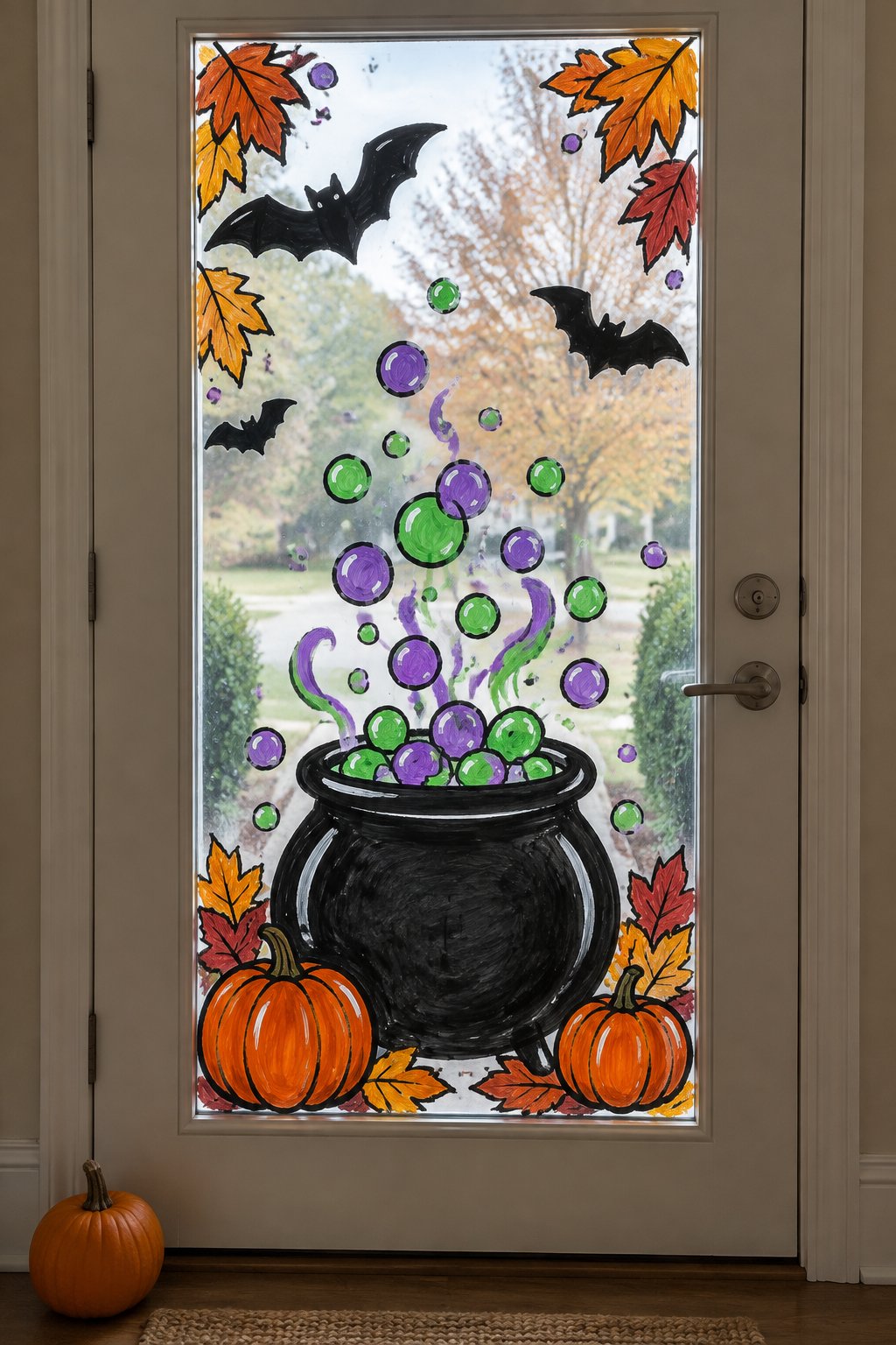 A black cauldron with purple and green bubbles, orange pumpkins, black bats and fall leaves, painted on the glass of a front door.