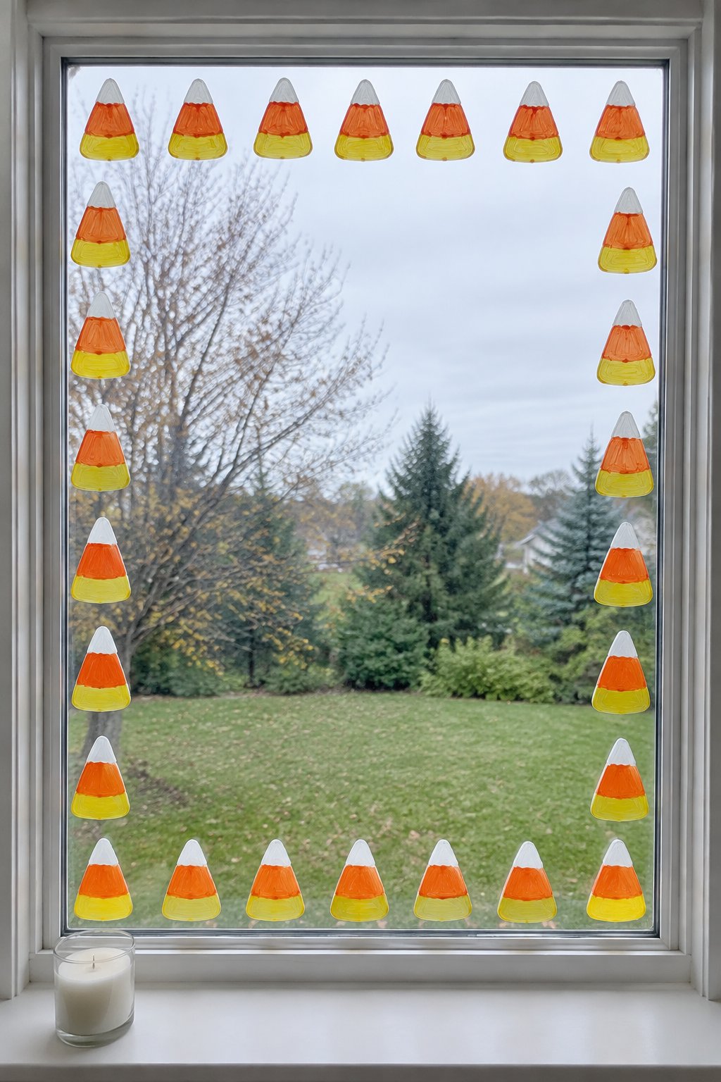 Candy corn pieces painted in a border around the edge of a large picture window.