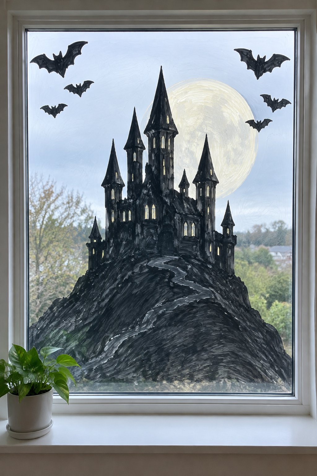 A black castle on a hill with glowing windows, a pale full moon and circling bats, painted on a window.