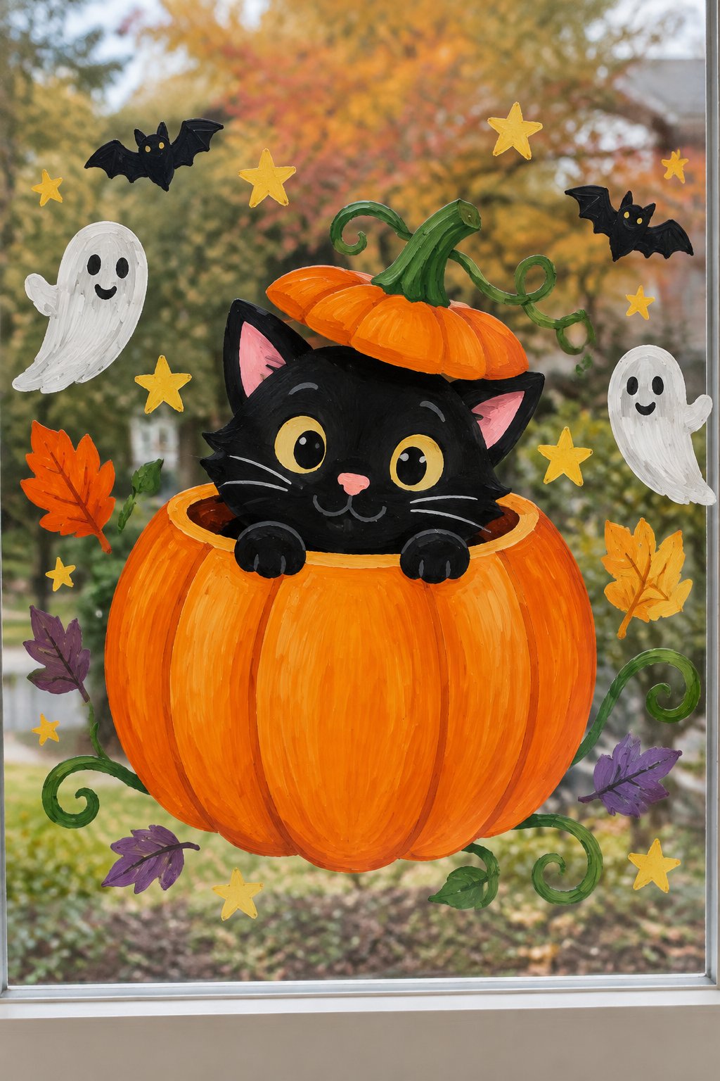 A black kitten peeking out of an orange pumpkin, with little ghosts, bats and stars, painted on a window.
