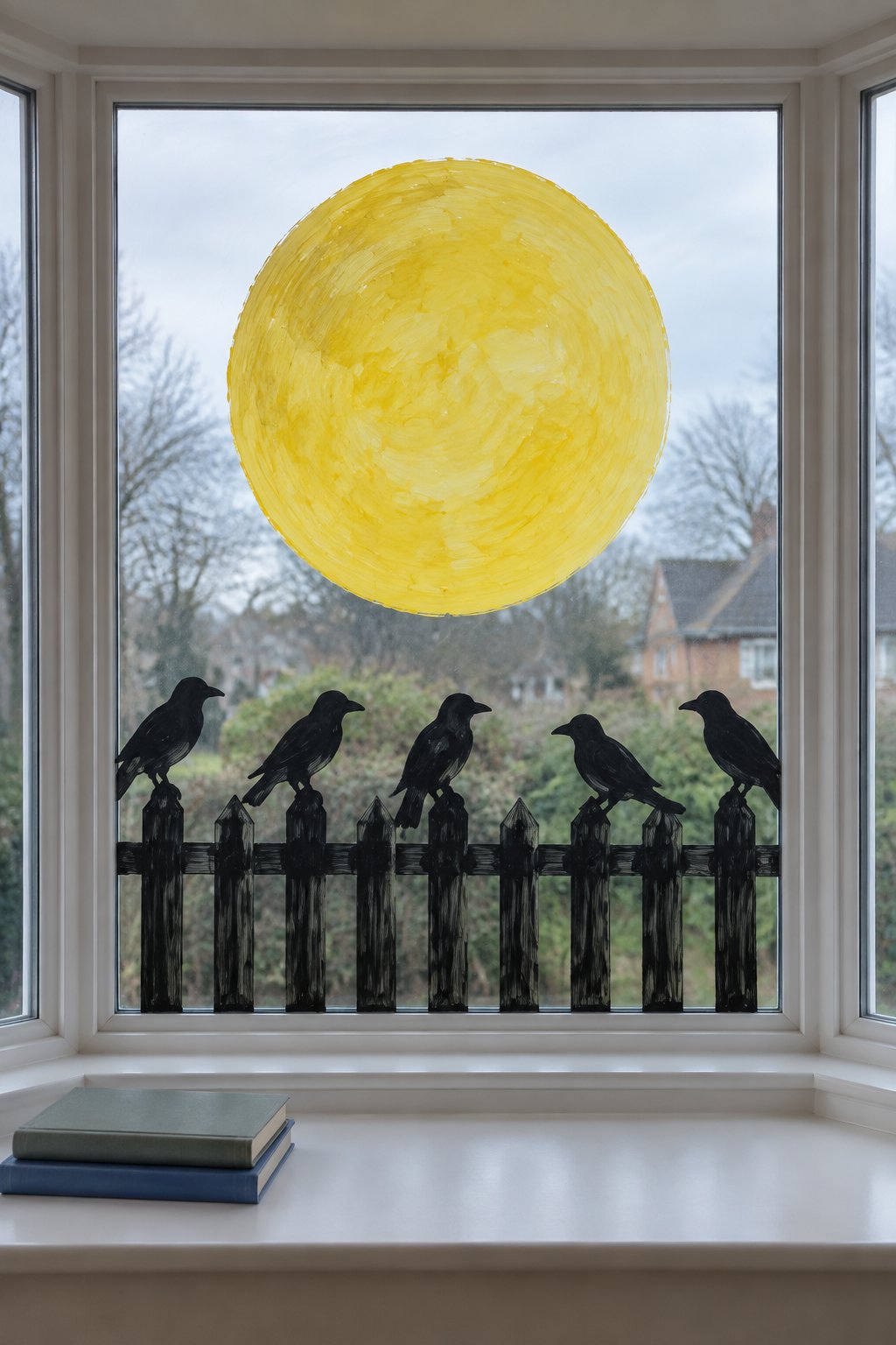 Black crows perched on a picket fence under a big yellow moon, painted on a bay window.