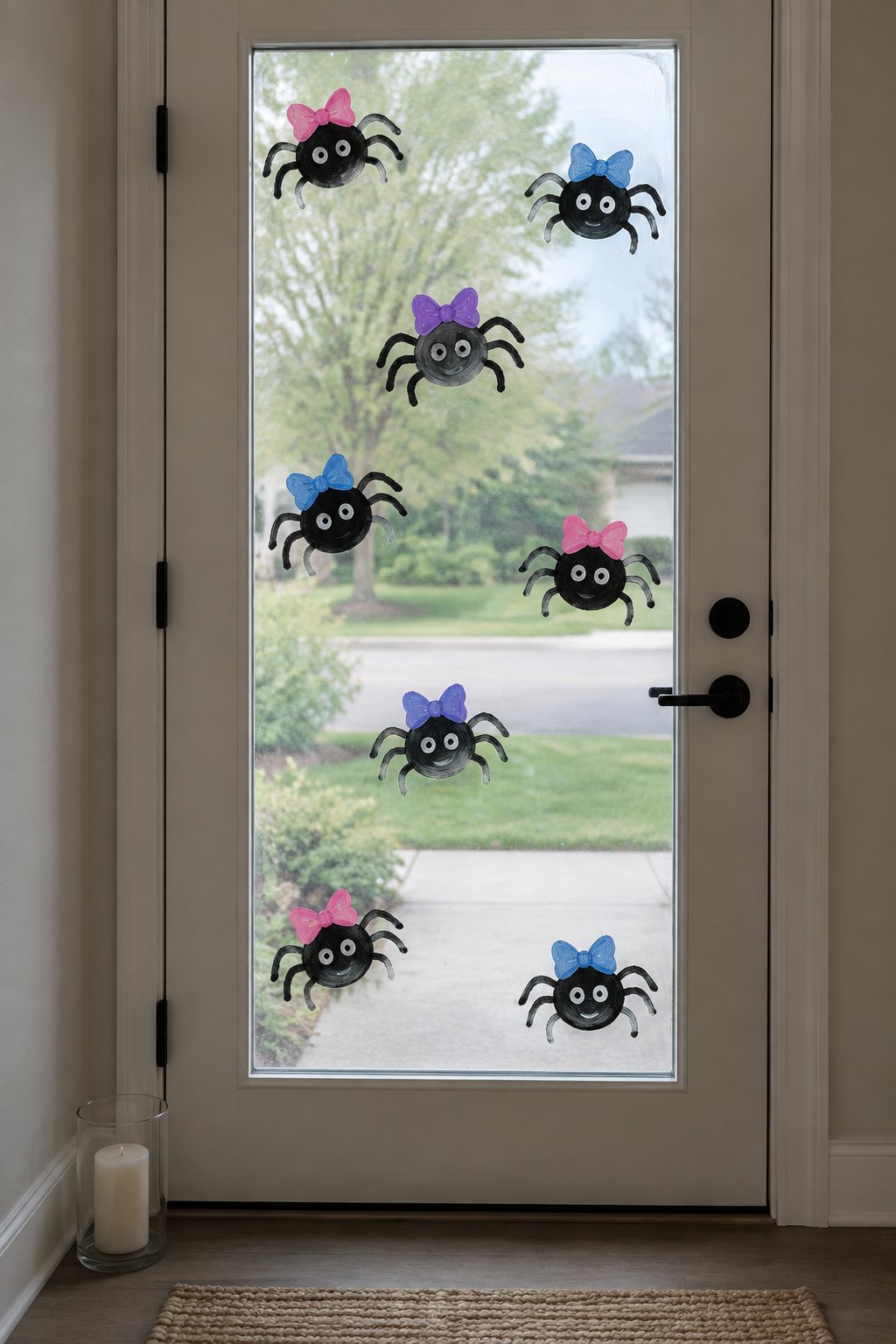 Little black spiders with pink and blue bows painted on the glass of a front door.