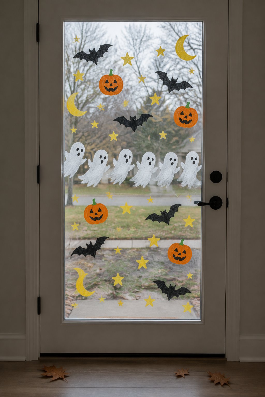 A row of little white ghosts with bats, moons, stars and pumpkins doodled across the glass of a front door.