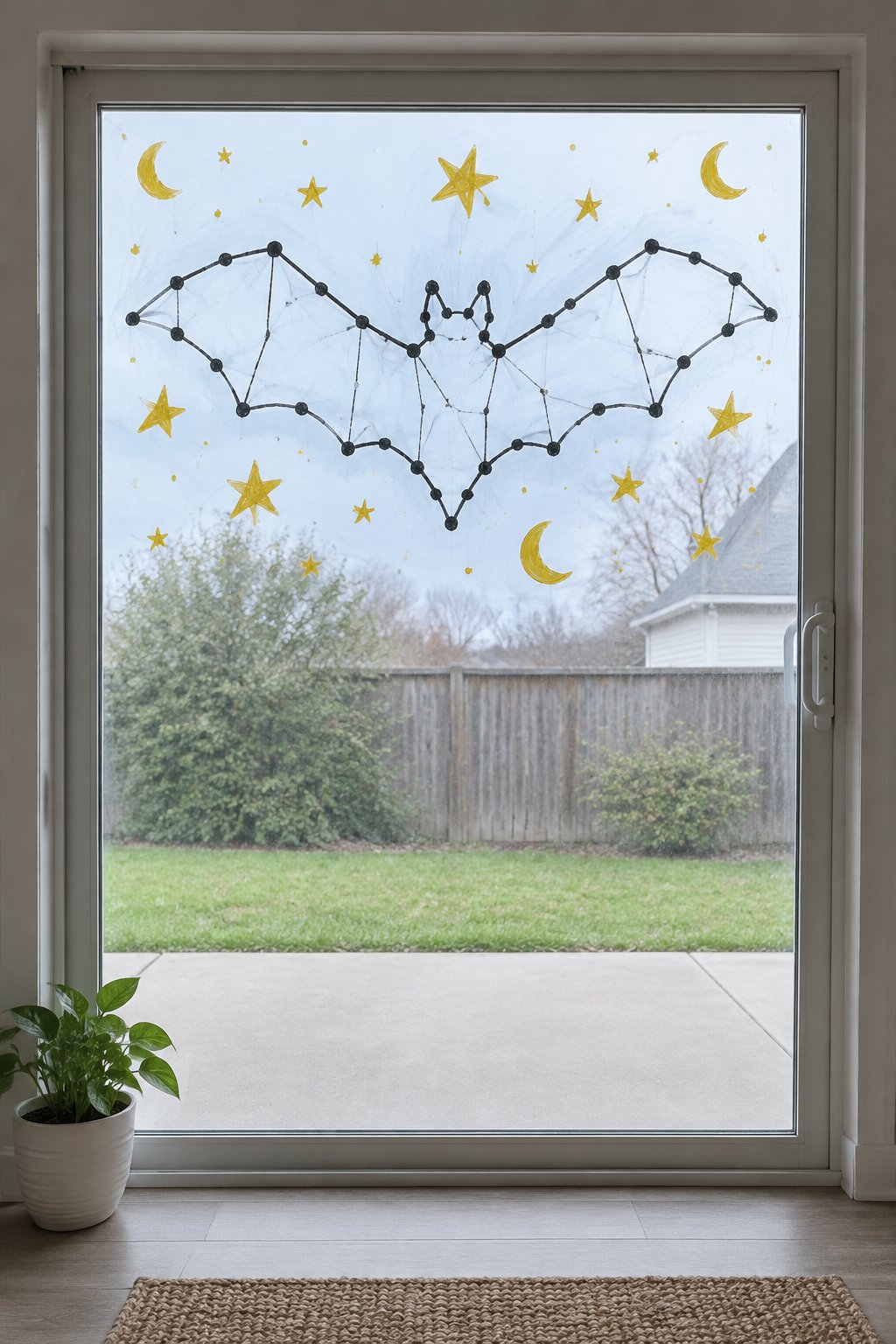 A bat shape made of black dots joined by lines, surrounded by yellow stars and moons, on a sliding glass door.