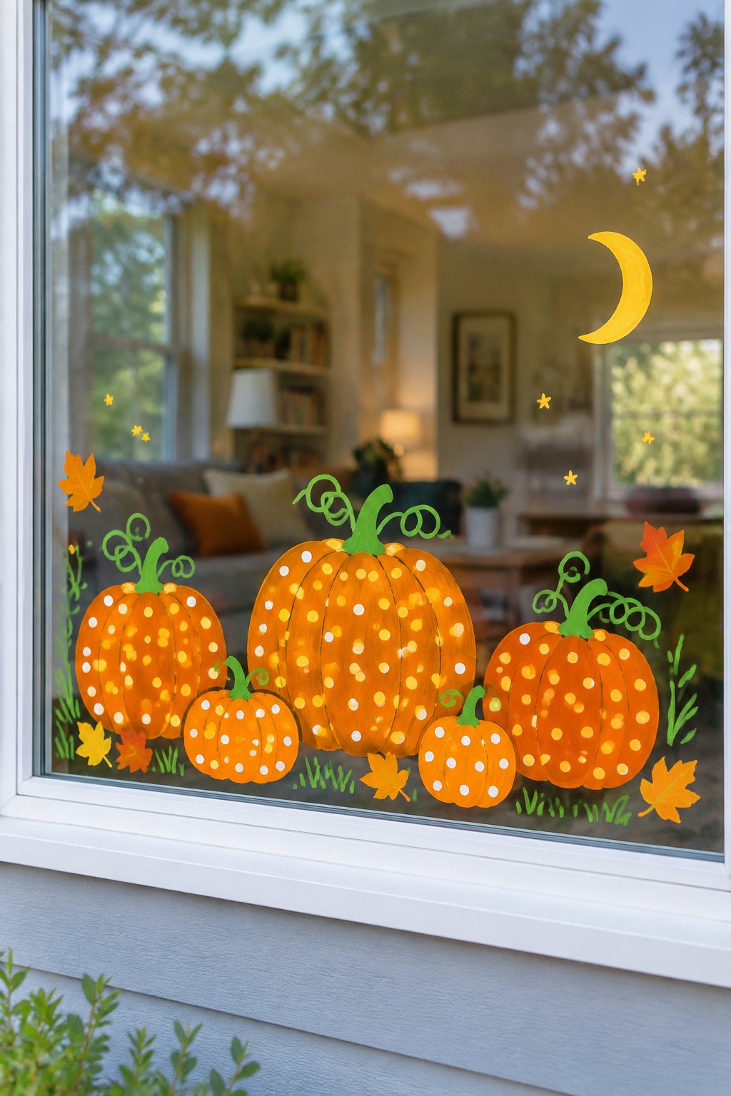 Orange pumpkins covered in white dots, with green vines and fall leaves, painted along the bottom of a window.